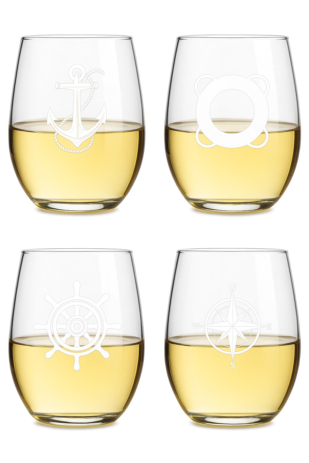 Set of 4 Stemless Boat Wine Glasses – 16oz Unbreakable Nautical Glasses with Anchor, Compass, Helm & Life Ring – BPA-Free Tritan Plastic, Dishwasher Safe – Ideal for Boats, Pool, RV & Outdoor Use