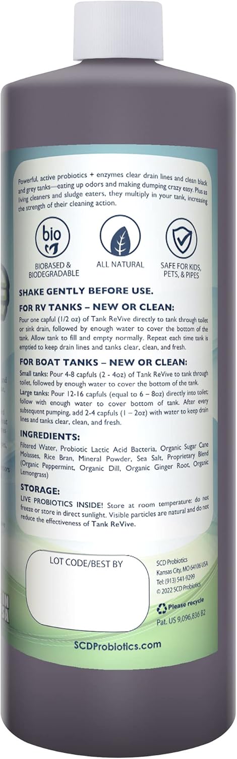 Tank ReVive for RVs and Boats – 33 fl.oz, Probiotic Sludge & Solid Dissolver, Liquifies Struvite, Cleans Clogged Sensors, Eliminates Toilet & Gray Tank Odors, Safe for People & Pipes by SCD Probiotics