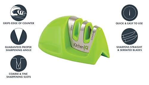 KitchenIQ 50825 | Diamond Deluxe Edge Grip 2-Stage Knife Sharpener | Black | Coarse & Fine Sharpeners | Compact for Easy Storage | Non-Slip Base | Soft Grip Rubber Handle | Straight & Serrated Knives