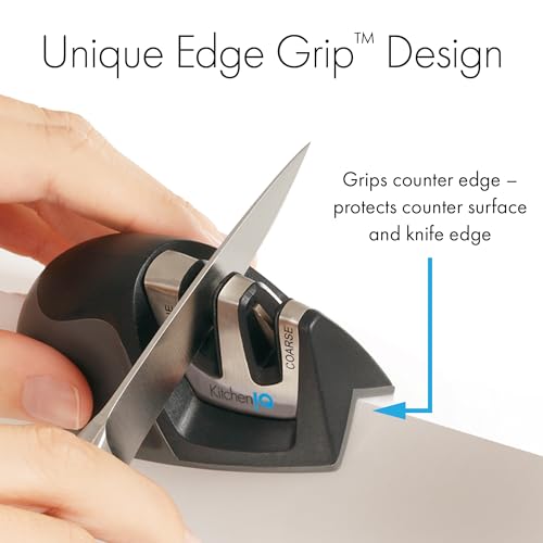 KitchenIQ 50825 | Diamond Deluxe Edge Grip 2-Stage Knife Sharpener | Black | Coarse & Fine Sharpeners | Compact for Easy Storage | Non-Slip Base | Soft Grip Rubber Handle | Straight & Serrated Knives
