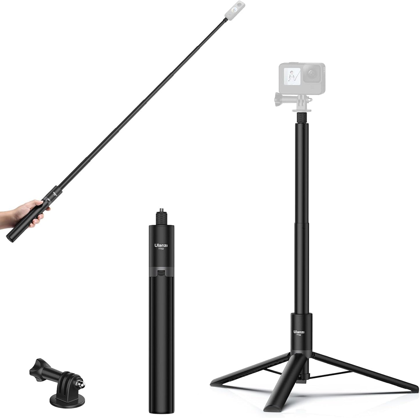 ULANZI TT52 59in Invisible Selfie Stick Tripod, Extendable Pole Selfie Stick Handle Grip Compatible with DJI OSMO 360/OSMO Pocket 3/Insta 360 x5 x4 x3 w Adapter for G-O P-RO Hero 13 12 11 10 9 8 7 6
