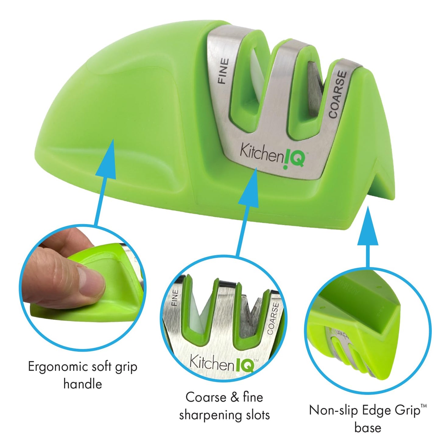 KitchenIQ 50825 | Diamond Deluxe Edge Grip 2-Stage Knife Sharpener | Black | Coarse & Fine Sharpeners | Compact for Easy Storage | Non-Slip Base | Soft Grip Rubber Handle | Straight & Serrated Knives