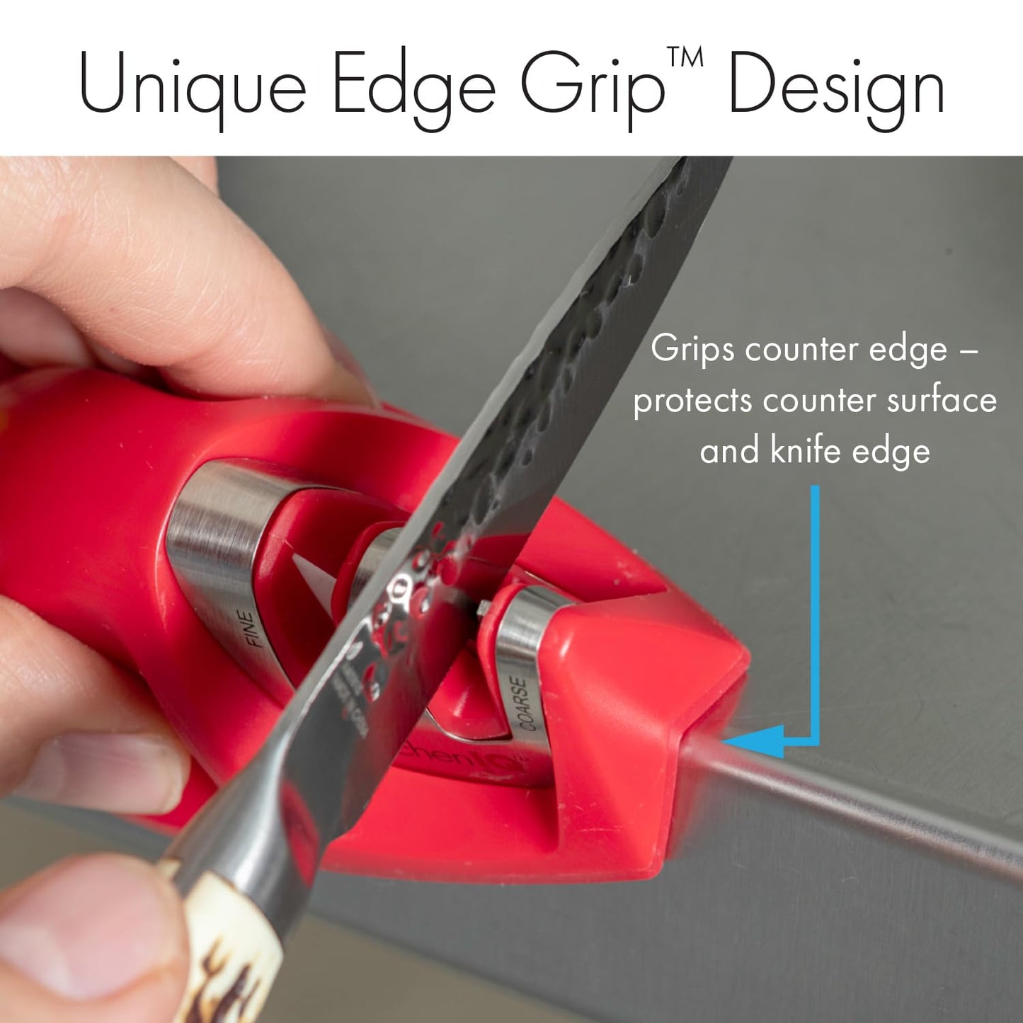 KitchenIQ 50825 | Diamond Deluxe Edge Grip 2-Stage Knife Sharpener | Black | Coarse & Fine Sharpeners | Compact for Easy Storage | Non-Slip Base | Soft Grip Rubber Handle | Straight & Serrated Knives