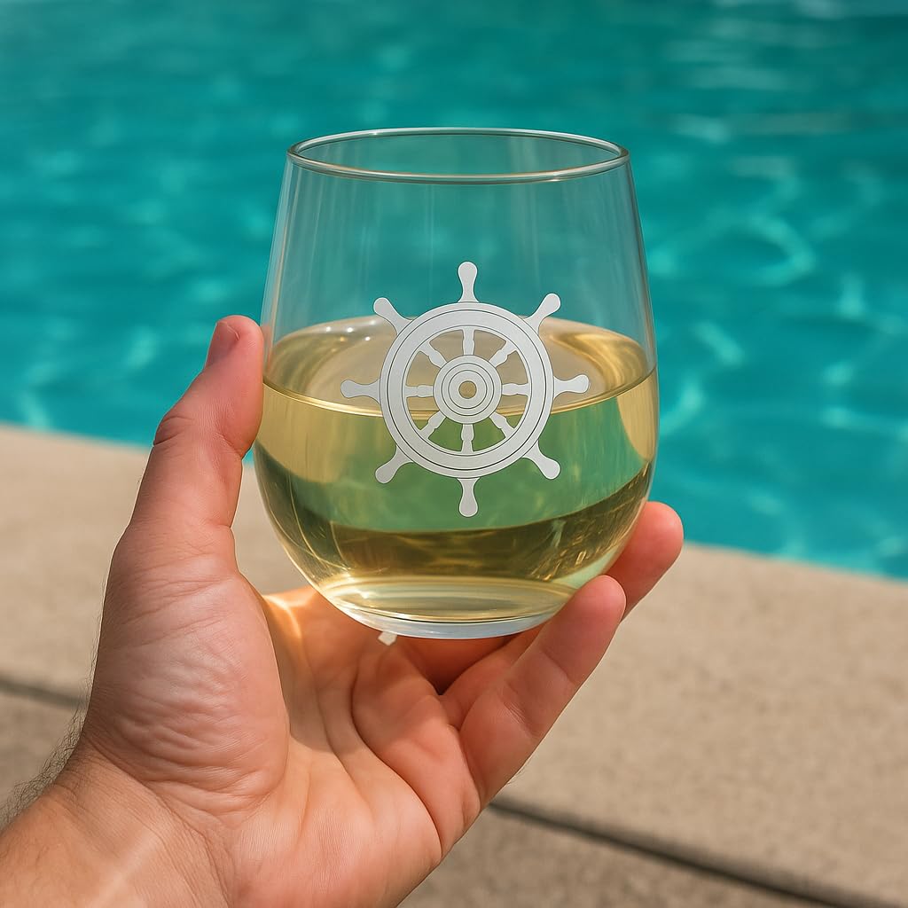 Set of 4 Stemless Boat Wine Glasses – 16oz Unbreakable Nautical Glasses with Anchor, Compass, Helm & Life Ring – BPA-Free Tritan Plastic, Dishwasher Safe – Ideal for Boats, Pool, RV & Outdoor Use