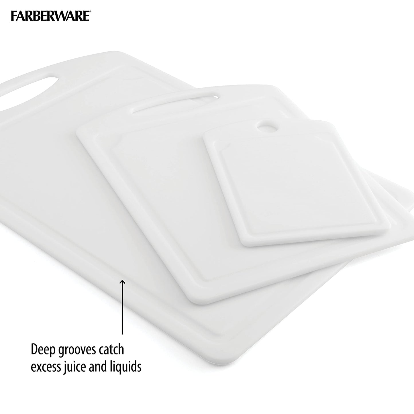 Farberware Plastic Cutting Board Set, Dishwasher- Safe Poly Chopping Board for Kitchen with Easy Grip Handles, Set of 3, White