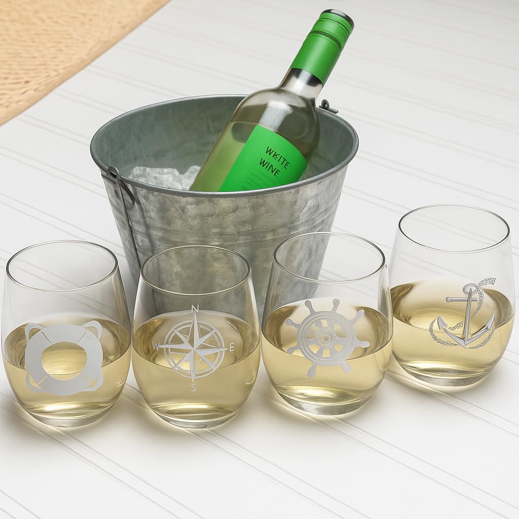 Set of 4 Stemless Boat Wine Glasses – 16oz Unbreakable Nautical Glasses with Anchor, Compass, Helm & Life Ring – BPA-Free Tritan Plastic, Dishwasher Safe – Ideal for Boats, Pool, RV & Outdoor Use