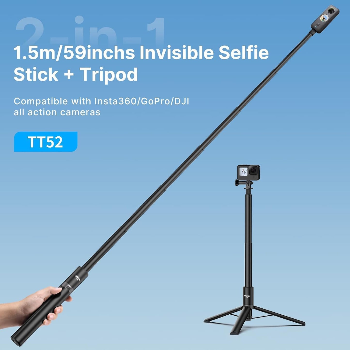 ULANZI TT52 59in Invisible Selfie Stick Tripod, Extendable Pole Selfie Stick Handle Grip Compatible with DJI OSMO 360/OSMO Pocket 3/Insta 360 x5 x4 x3 w Adapter for G-O P-RO Hero 13 12 11 10 9 8 7 6
