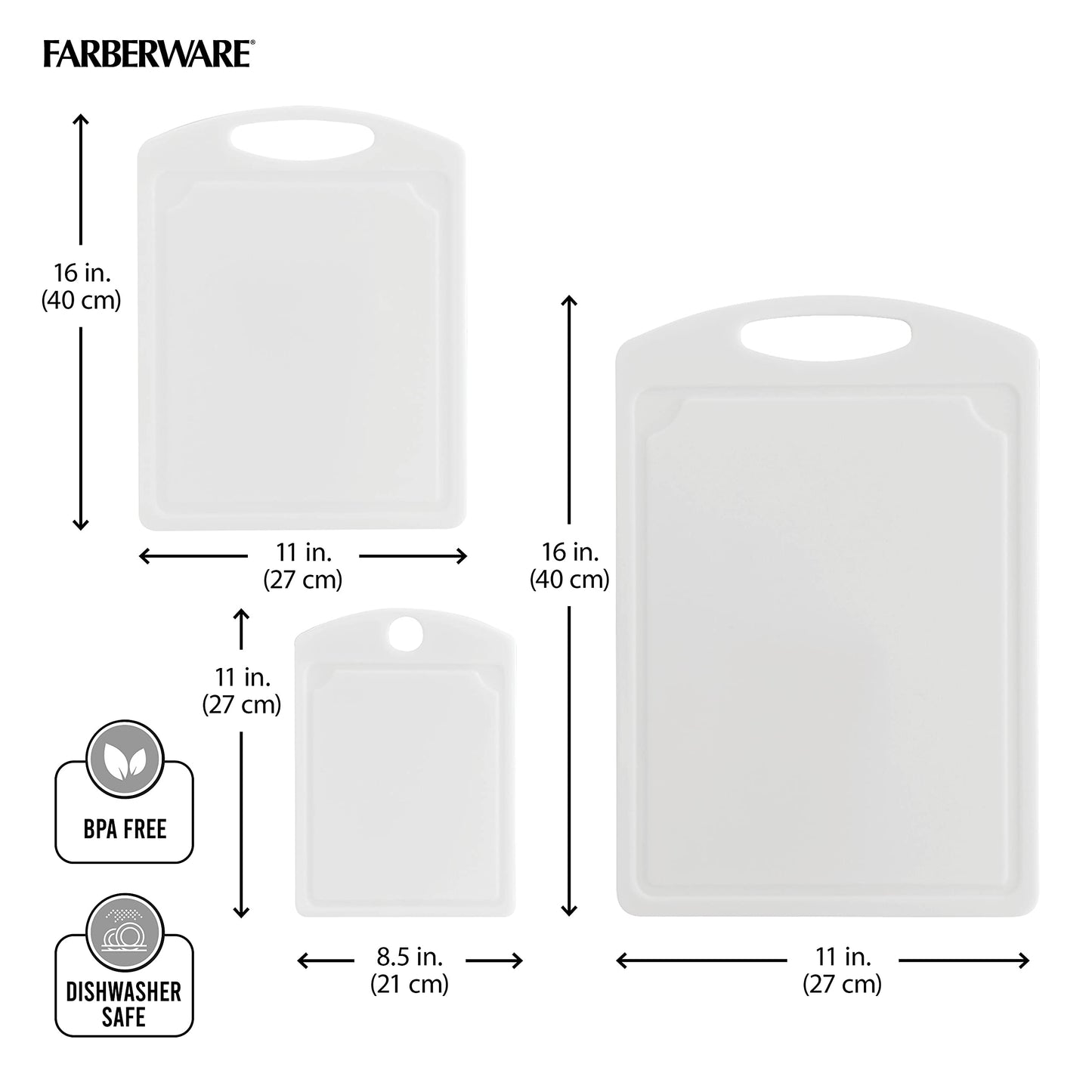 Farberware Plastic Cutting Board Set, Dishwasher- Safe Poly Chopping Board for Kitchen with Easy Grip Handles, Set of 3, White