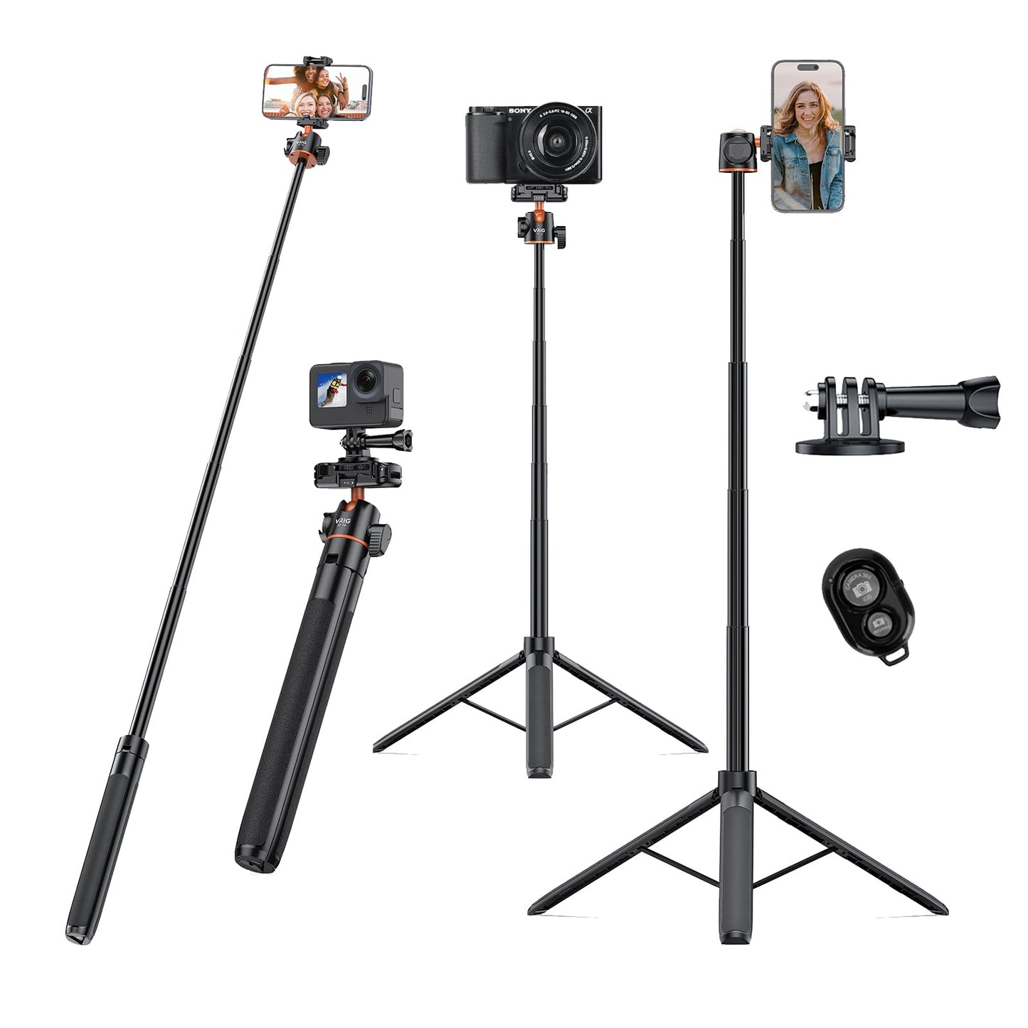 VRIG 57" Extendable Phone Tripod & Camera Tripod,3in1 Selfie Stick with Wireless Remote Shutter,360° Ball Head Cold Shoe Cell Phone Stand for iPhone/Gopro/Nikon Canon Camera