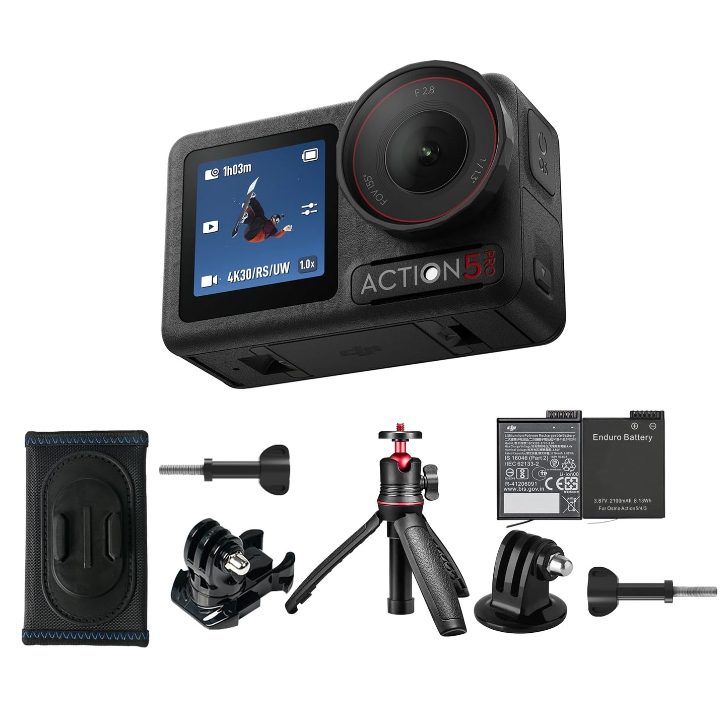 DJI Osmo Action 5 Pro Standard Combo,with 58 Piece Accessory Kit+ 64GB Card - Waterproof Action Camera with 1/1.3" Sensor, 4K/120fps Video, Action Camera 4K Ideal for Sports (Total 1 Battery)