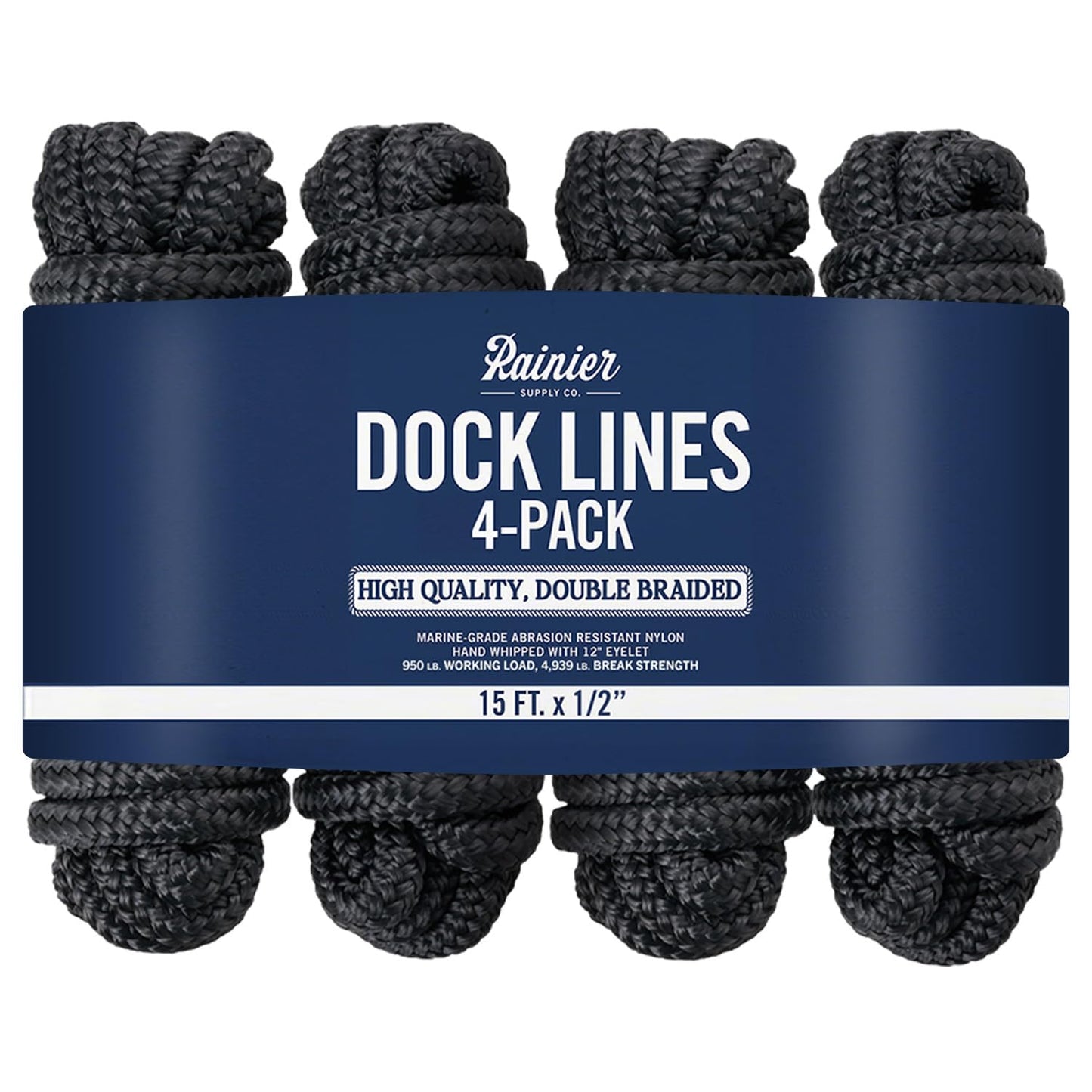 RainierSupplyCo Dock Lines - Boat Rope for Docking with Loop - 50 ft x 5/8 Inch Premium Double Braided Nylon Marine Rope - Mooring Line with 18" Eyelet - Boat Accessories - Black