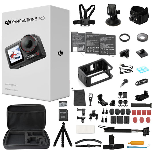 DJI Osmo Action 5 Pro Standard Combo,with 58 Piece Accessory Kit+ 64GB Card - Waterproof Action Camera with 1/1.3" Sensor, 4K/120fps Video, Action Camera 4K Ideal for Sports (Total 1 Battery)