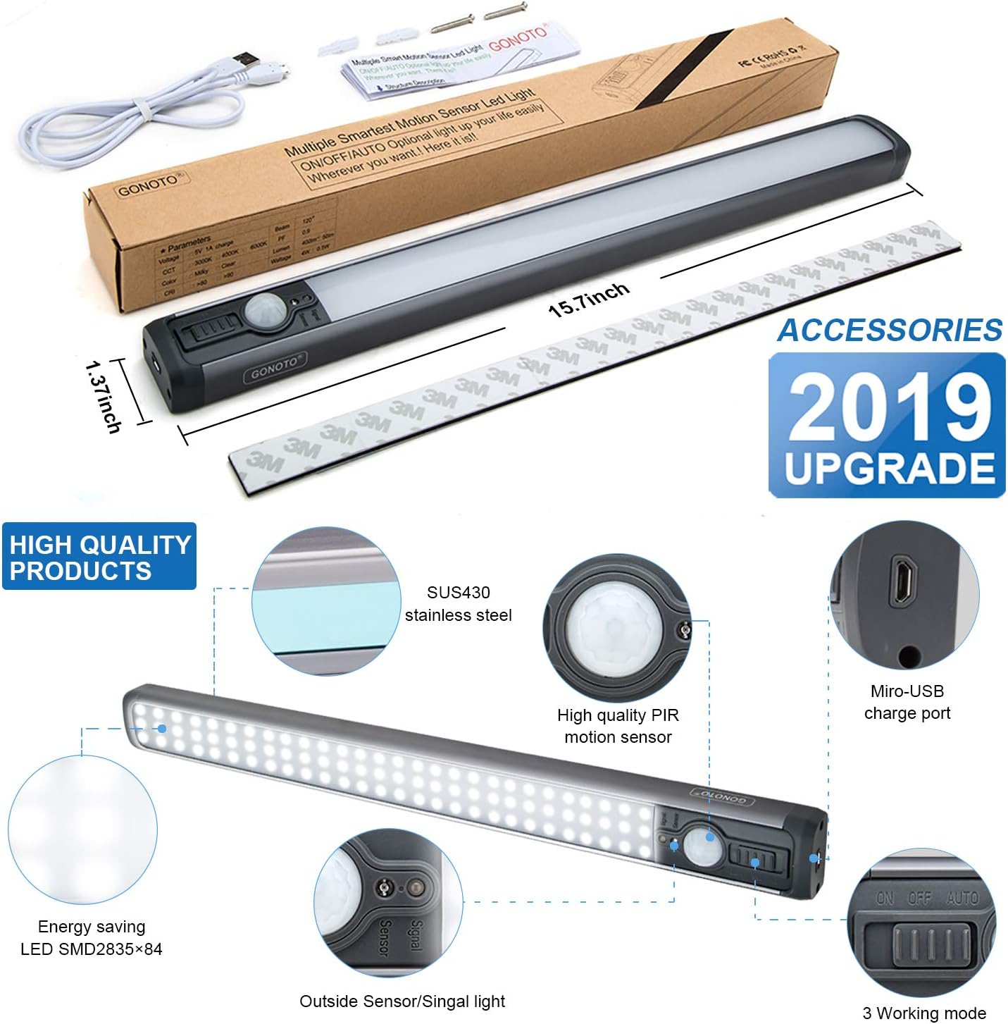 84 LED Closet Light 4W Motion Sensor Closet Lights Rechargeable Under Cabinet Lighting Wireless Wardrobe Light for Closet,Kitchen 4000K 2500mAh Battery Powered Closet Light bar (ON/Off/AUTO)