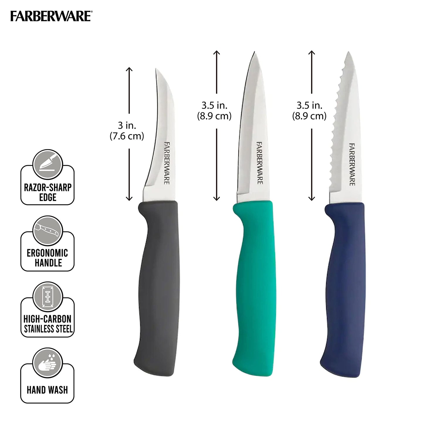 Farberware Stainless Steel Chef Knife Set, 3 Piece, Black