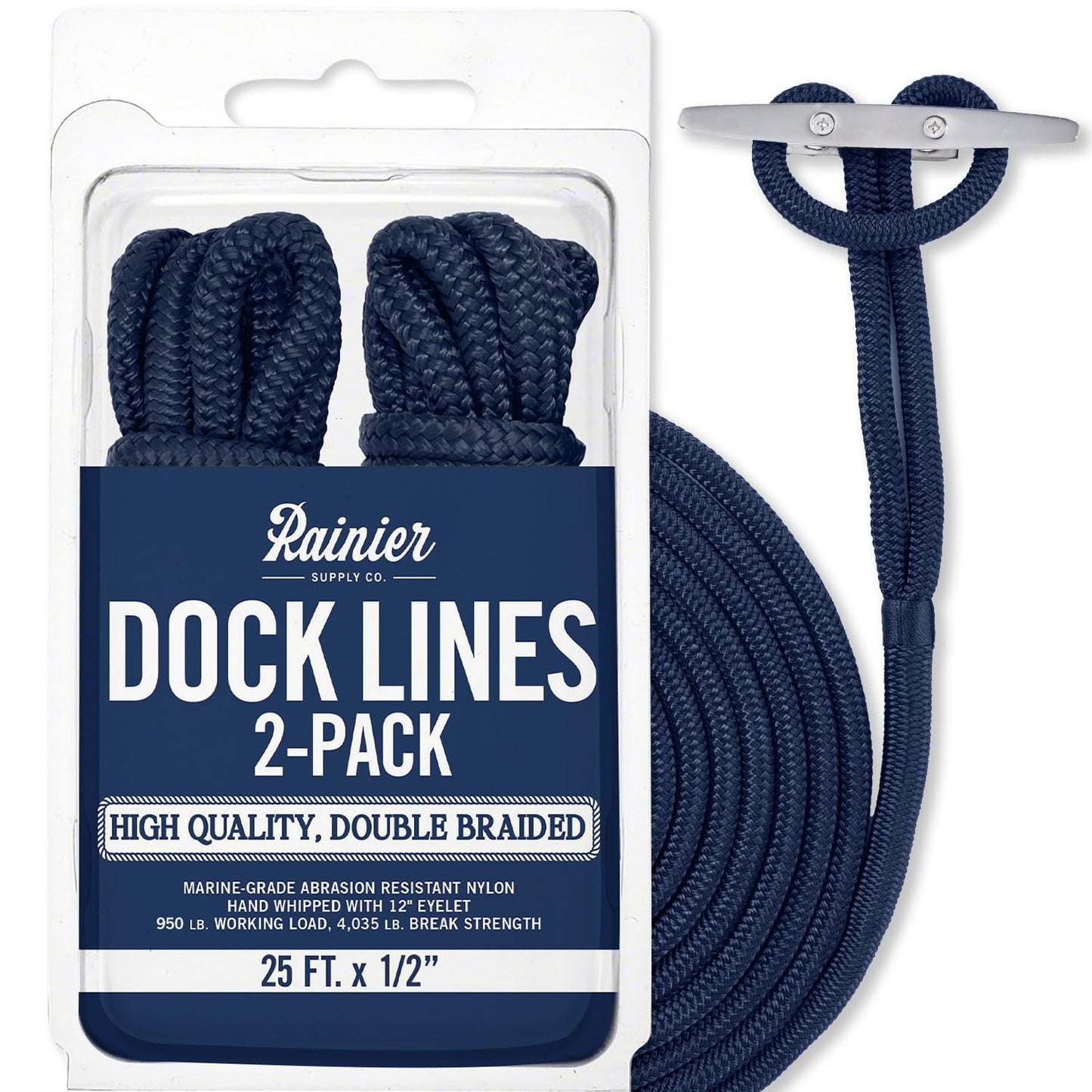 RainierSupplyCo Dock Lines - Boat Rope for Docking with Loop - 50 ft x 5/8 Inch Premium Double Braided Nylon Marine Rope - Mooring Line with 18" Eyelet - Boat Accessories - Black