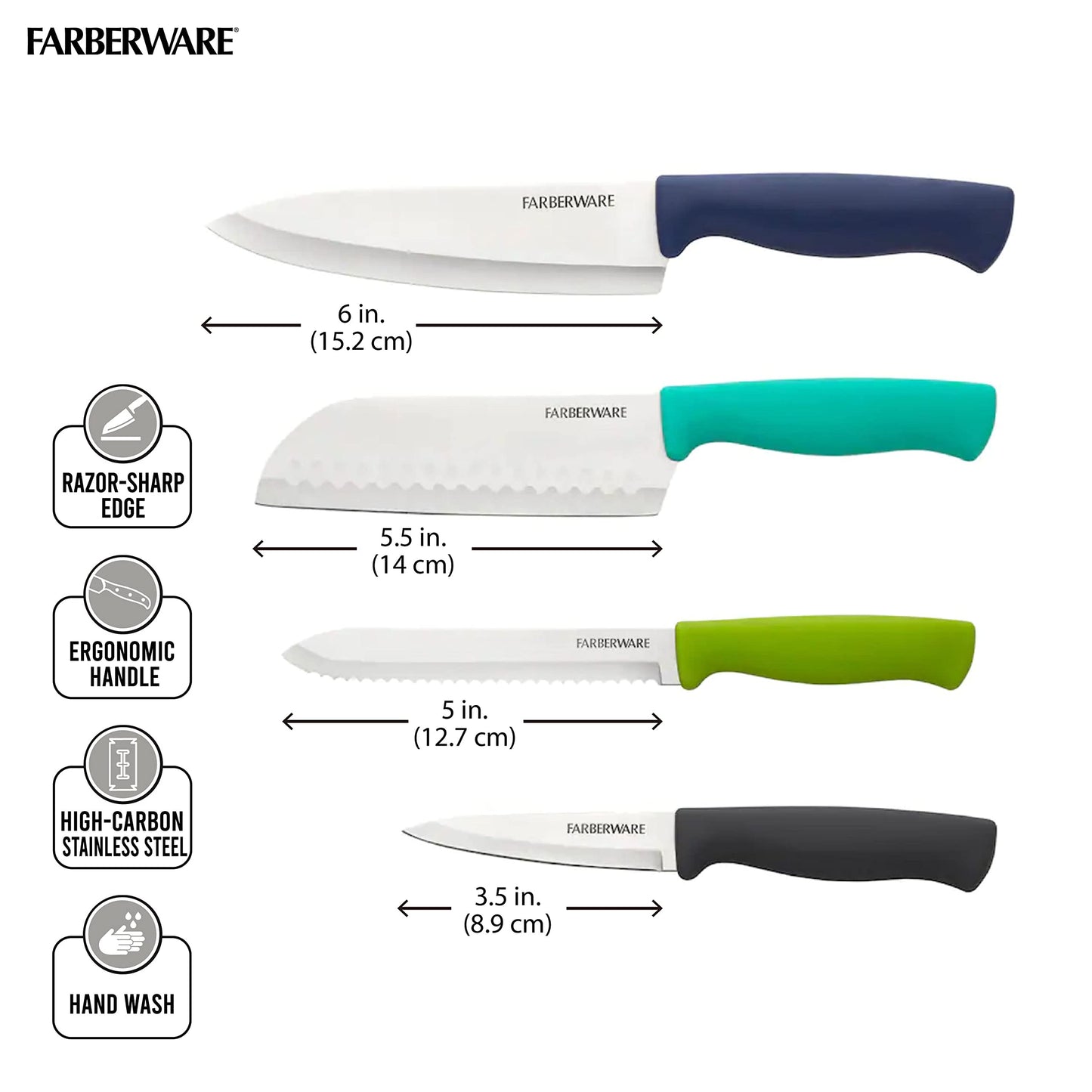 Farberware Stainless Steel Chef Knife Set, 3 Piece, Black
