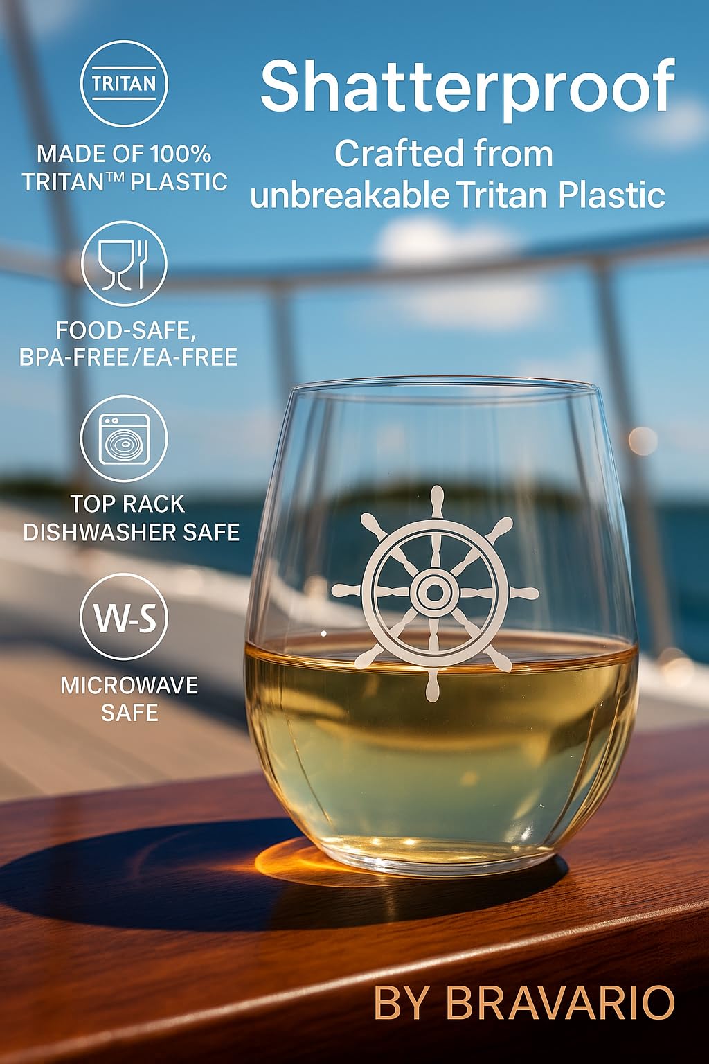 Set of 4 Stemless Boat Wine Glasses – 16oz Unbreakable Nautical Glasses with Anchor, Compass, Helm & Life Ring – BPA-Free Tritan Plastic, Dishwasher Safe – Ideal for Boats, Pool, RV & Outdoor Use