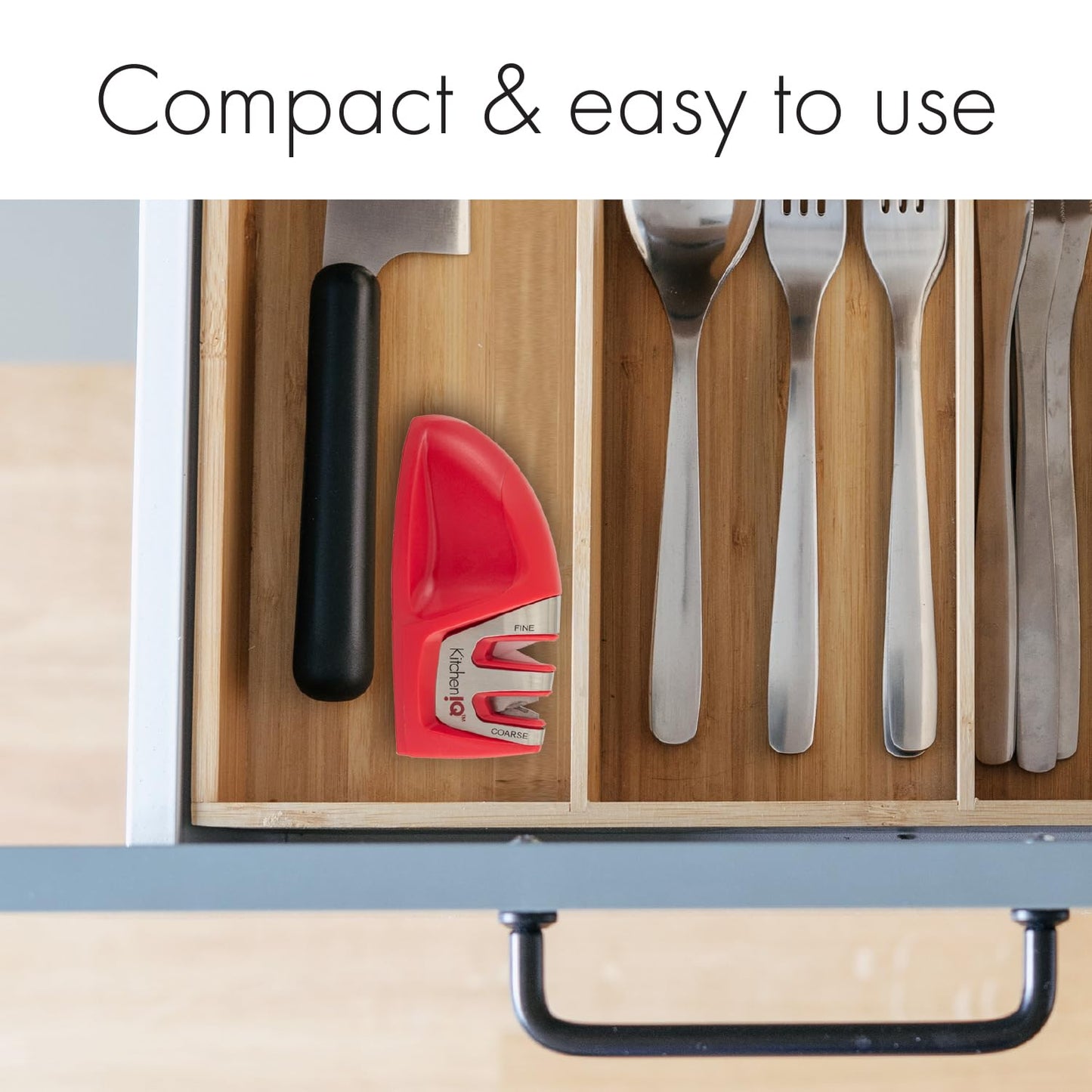 KitchenIQ 50825 | Diamond Deluxe Edge Grip 2-Stage Knife Sharpener | Black | Coarse & Fine Sharpeners | Compact for Easy Storage | Non-Slip Base | Soft Grip Rubber Handle | Straight & Serrated Knives