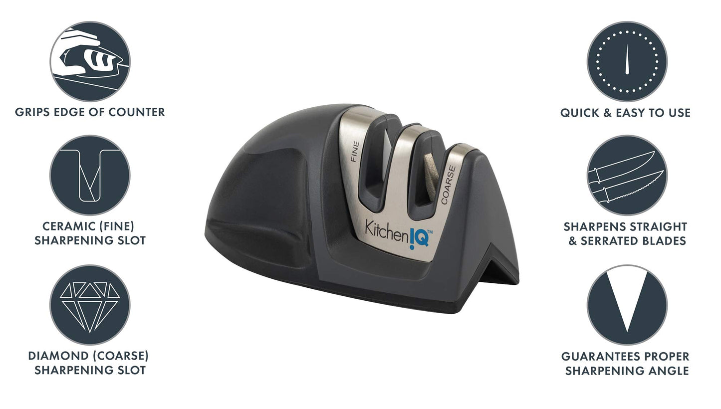 KitchenIQ 50825 | Diamond Deluxe Edge Grip 2-Stage Knife Sharpener | Black | Coarse & Fine Sharpeners | Compact for Easy Storage | Non-Slip Base | Soft Grip Rubber Handle | Straight & Serrated Knives
