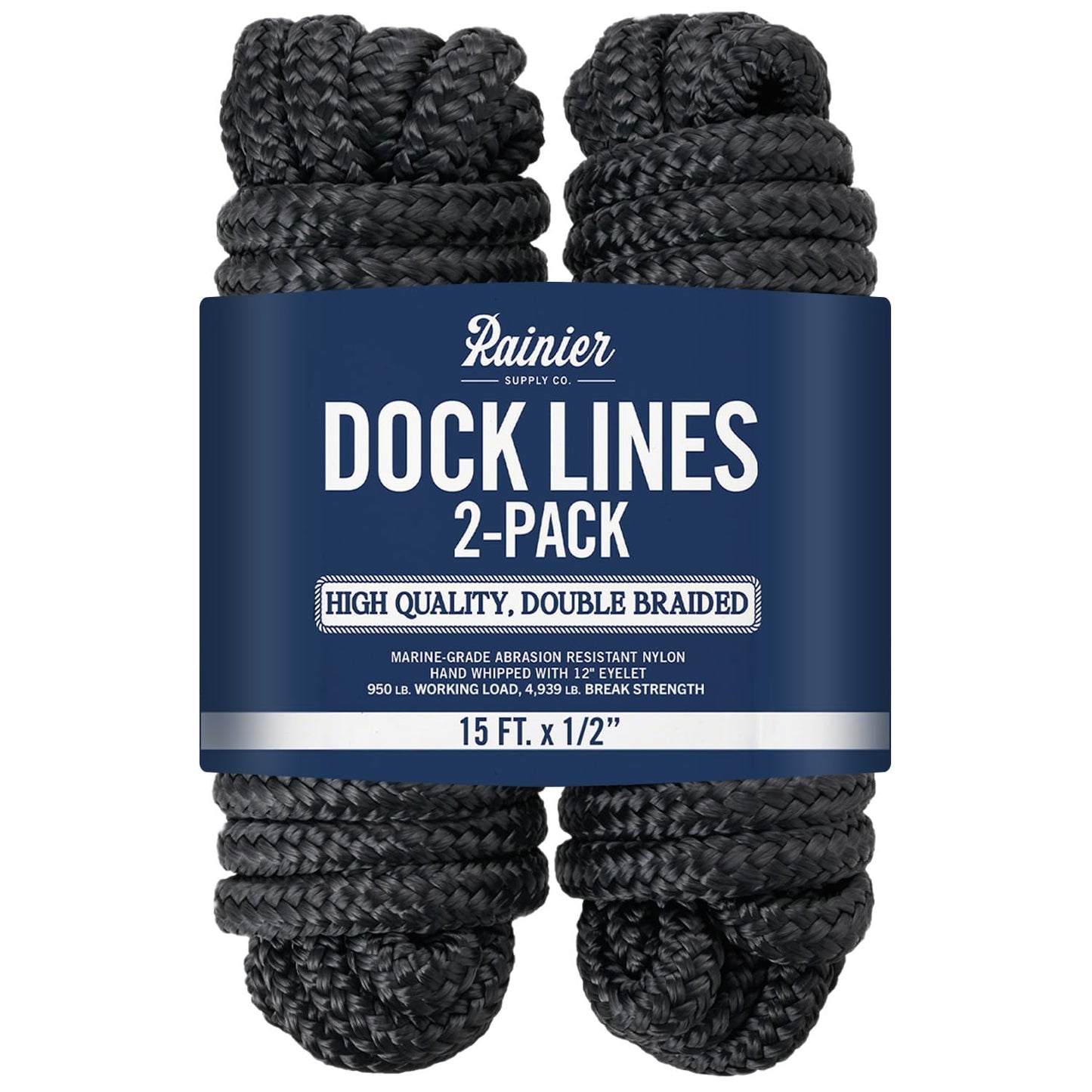 RainierSupplyCo Dock Lines - Boat Rope for Docking with Loop - 50 ft x 5/8 Inch Premium Double Braided Nylon Marine Rope - Mooring Line with 18" Eyelet - Boat Accessories - Black