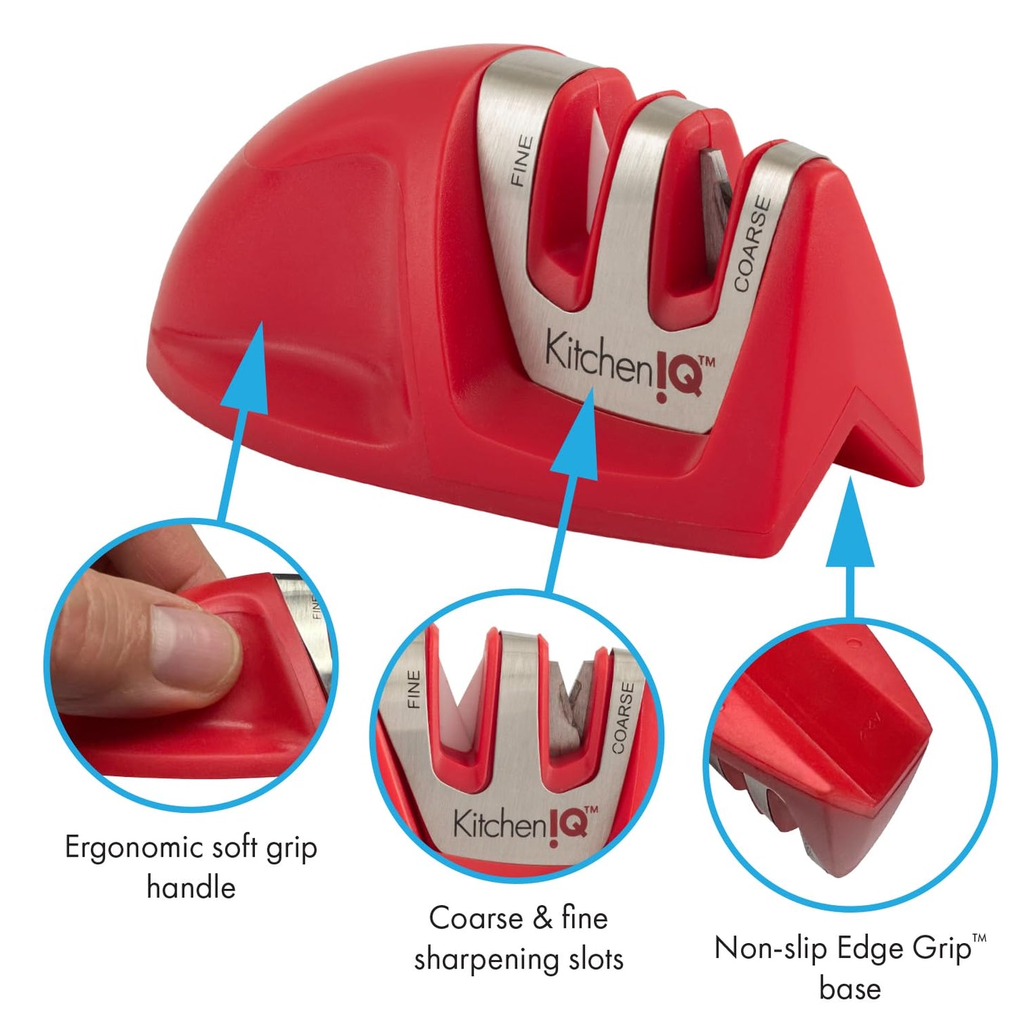 KitchenIQ 50825 | Diamond Deluxe Edge Grip 2-Stage Knife Sharpener | Black | Coarse & Fine Sharpeners | Compact for Easy Storage | Non-Slip Base | Soft Grip Rubber Handle | Straight & Serrated Knives