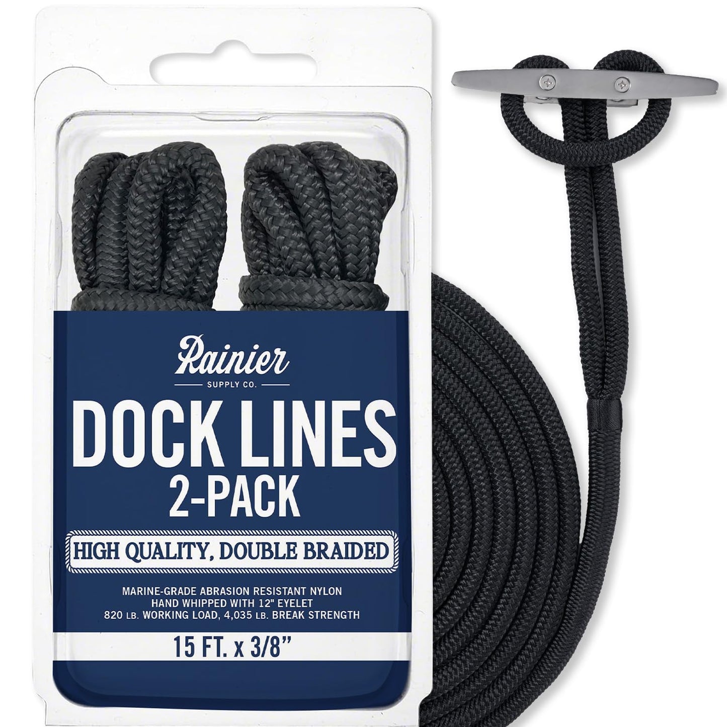 RainierSupplyCo Dock Lines - Boat Rope for Docking with Loop - 50 ft x 5/8 Inch Premium Double Braided Nylon Marine Rope - Mooring Line with 18" Eyelet - Boat Accessories - Black