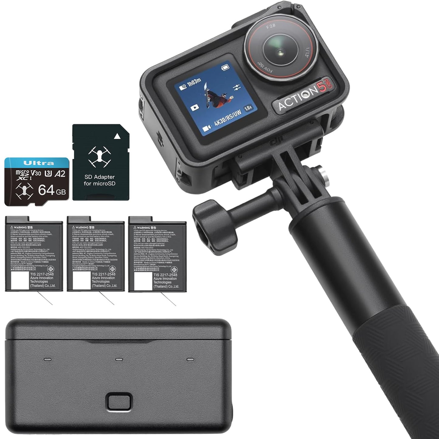 DJI Osmo Action 5 Pro Standard Combo,with 58 Piece Accessory Kit+ 64GB Card - Waterproof Action Camera with 1/1.3" Sensor, 4K/120fps Video, Action Camera 4K Ideal for Sports (Total 1 Battery)