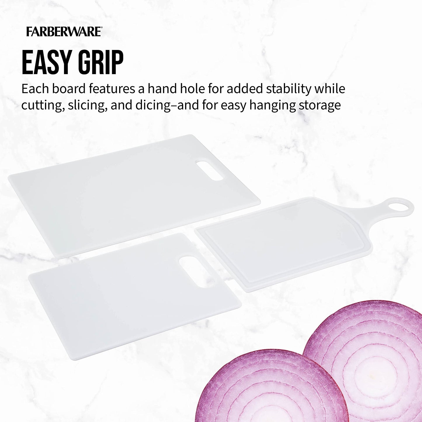 Farberware Plastic Cutting Board Set, Dishwasher- Safe Poly Chopping Board for Kitchen with Easy Grip Handles, Set of 3, White