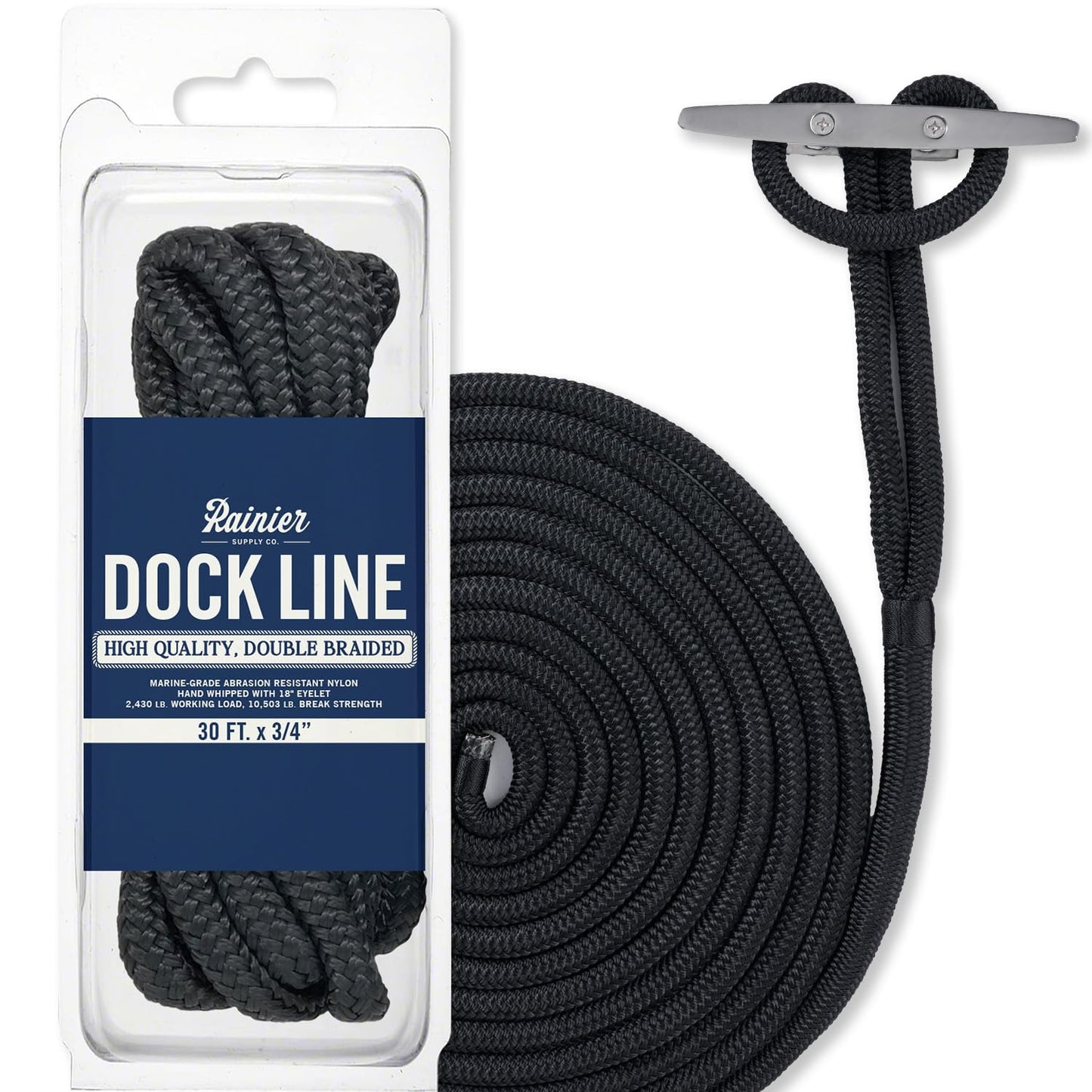 RainierSupplyCo Dock Lines - Boat Rope for Docking with Loop - 50 ft x 5/8 Inch Premium Double Braided Nylon Marine Rope - Mooring Line with 18" Eyelet - Boat Accessories - Black