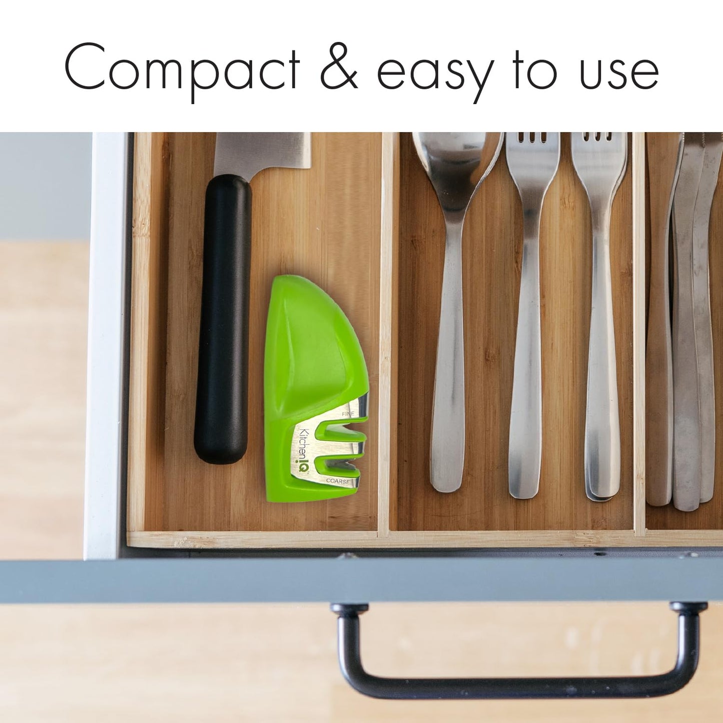 KitchenIQ 50825 | Diamond Deluxe Edge Grip 2-Stage Knife Sharpener | Black | Coarse & Fine Sharpeners | Compact for Easy Storage | Non-Slip Base | Soft Grip Rubber Handle | Straight & Serrated Knives