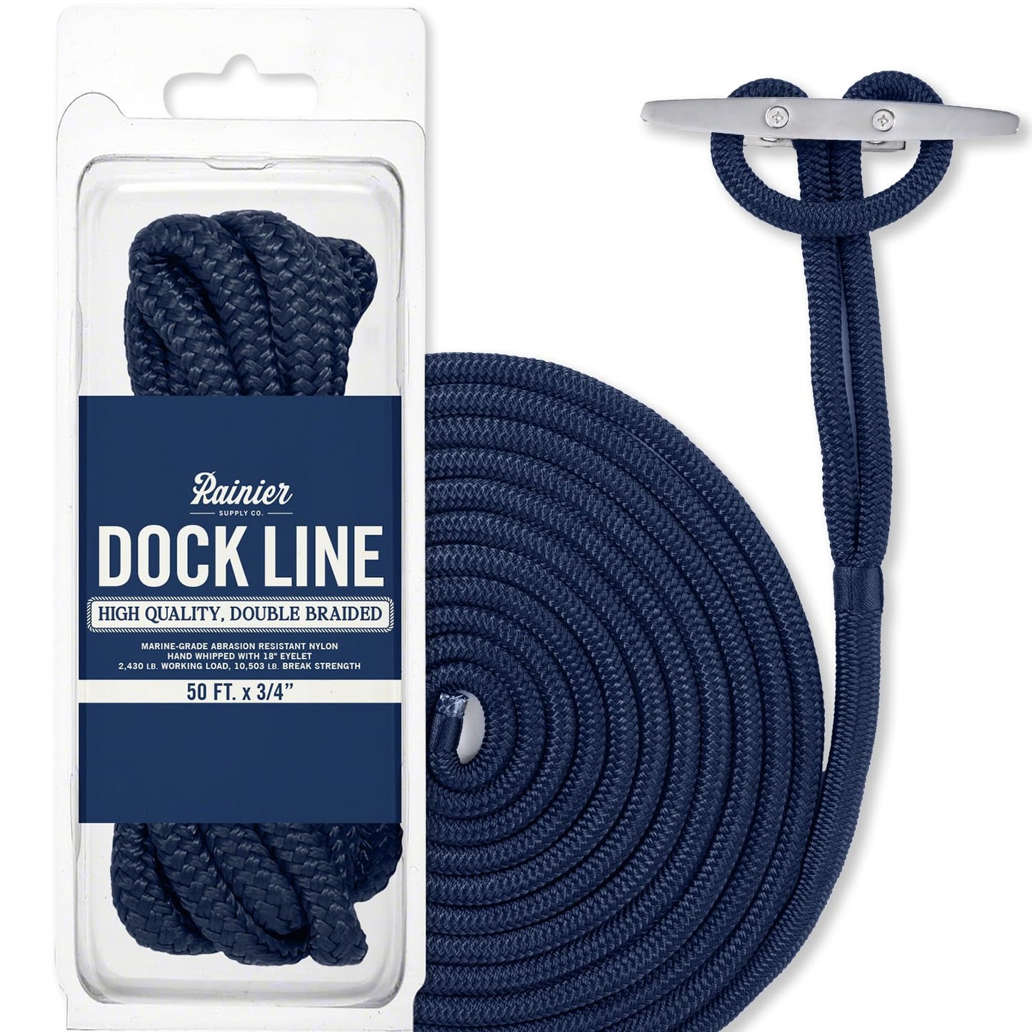 RainierSupplyCo Dock Lines - Boat Rope for Docking with Loop - 50 ft x 5/8 Inch Premium Double Braided Nylon Marine Rope - Mooring Line with 18" Eyelet - Boat Accessories - Black