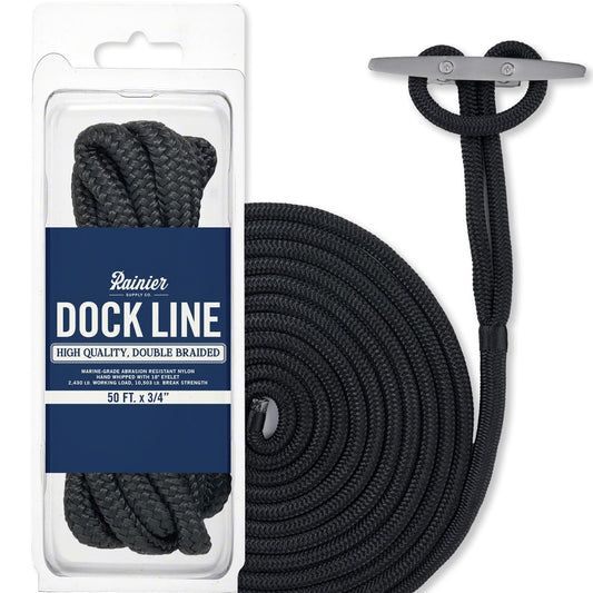 RainierSupplyCo Dock Lines - Boat Rope for Docking with Loop - 50 ft x 5/8 Inch Premium Double Braided Nylon Marine Rope - Mooring Line with 18" Eyelet - Boat Accessories - Black