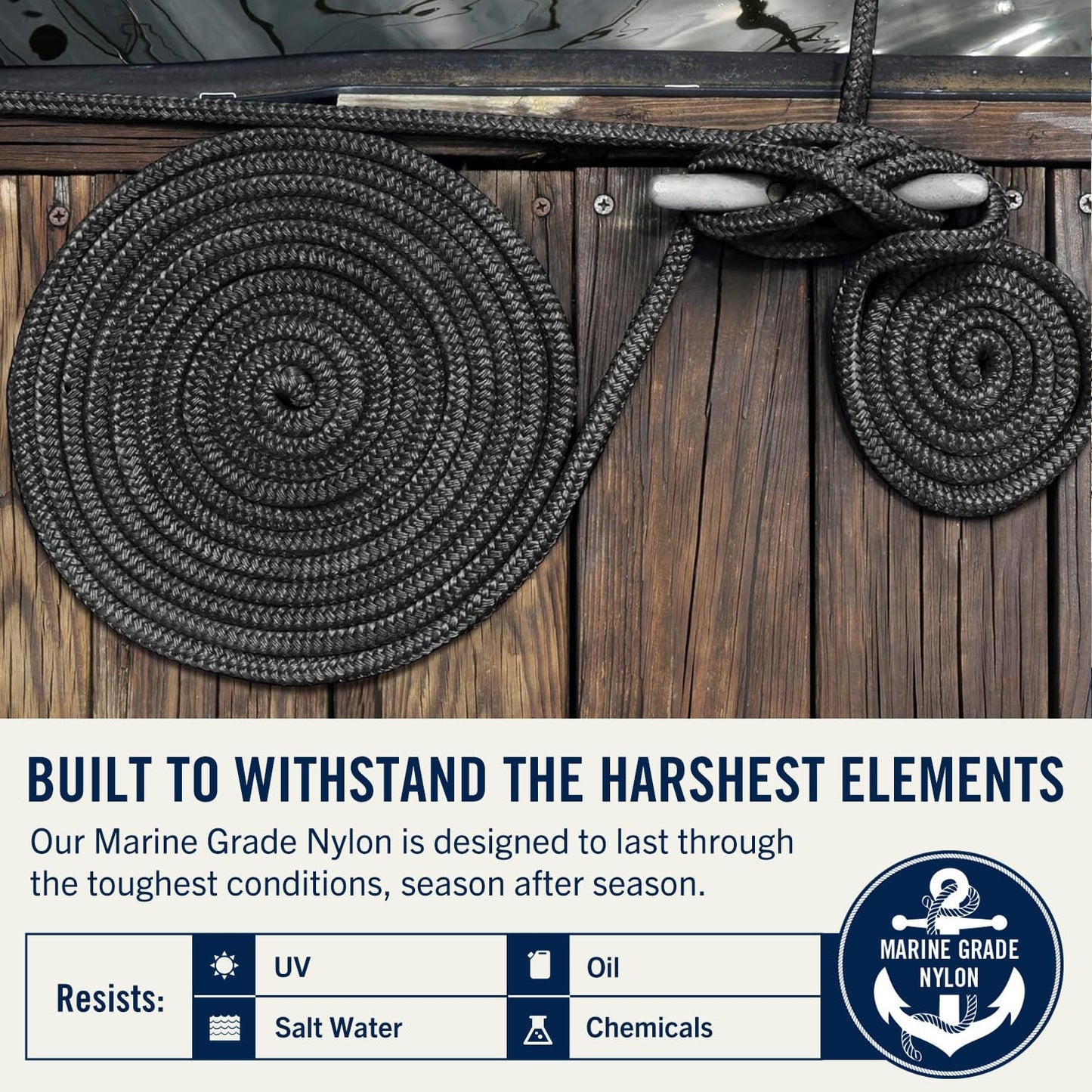 RainierSupplyCo Dock Lines - Boat Rope for Docking with Loop - 50 ft x 5/8 Inch Premium Double Braided Nylon Marine Rope - Mooring Line with 18" Eyelet - Boat Accessories - Black