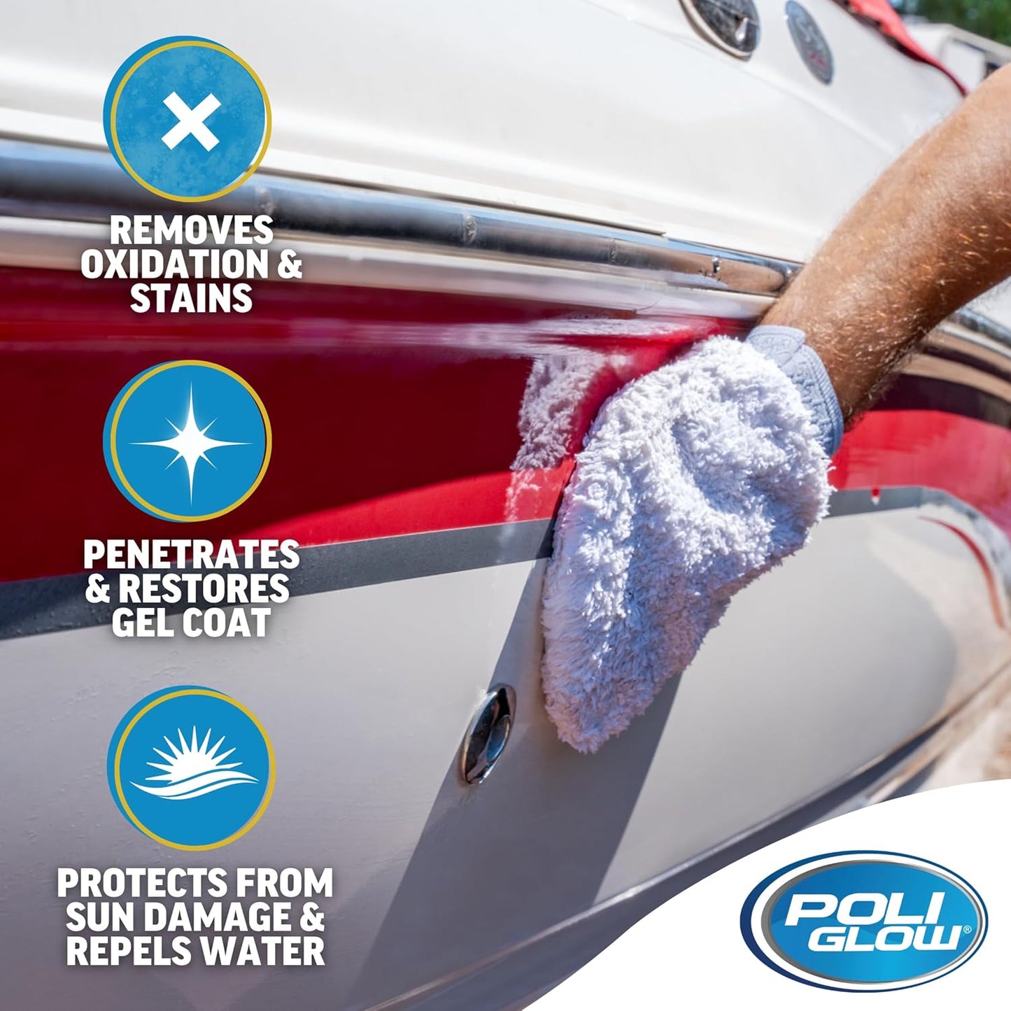 Poli Glow Deluxe Kit Fiberglass RV & Boat Cleaner - Complete Fiberglass Restorer for Boats and RVs - Eliminates Oxidation, Restores Shine & Protects - Easy to Apply, Long-Lasting - 6-in-1 Kit