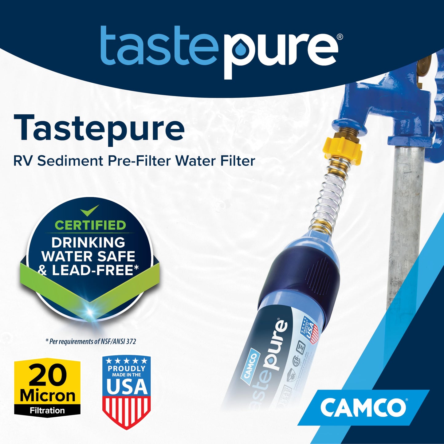 Camco Tastepure RV Water Filter - Advanced RV Inline Water Filter with Flexible Hose Protector - GAC & KDF Filtration - Made in USA - Camping Essentials for Fresh Drinking Water (40043)