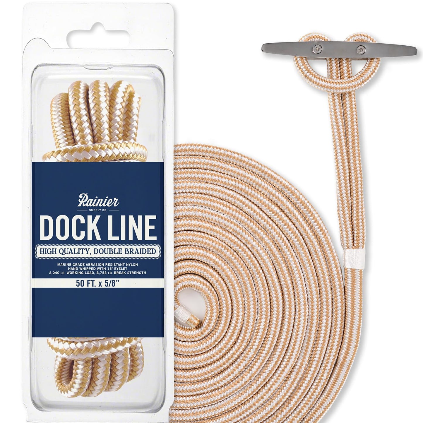 RainierSupplyCo Dock Lines - Boat Rope for Docking with Loop - 50 ft x 5/8 Inch Premium Double Braided Nylon Marine Rope - Mooring Line with 18" Eyelet - Boat Accessories - Black