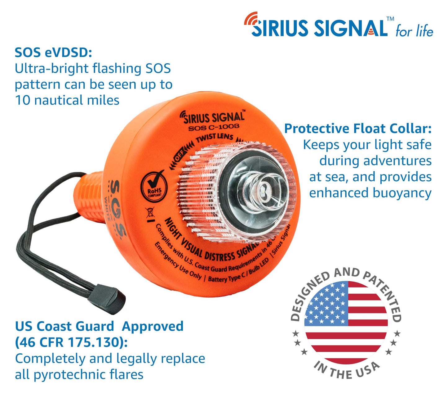 Sirius Signal C-1003 SOS LED Distress Signal - Electronic Flare Replacement, USCG Approved, Includes Daytime Flag & Whistle
