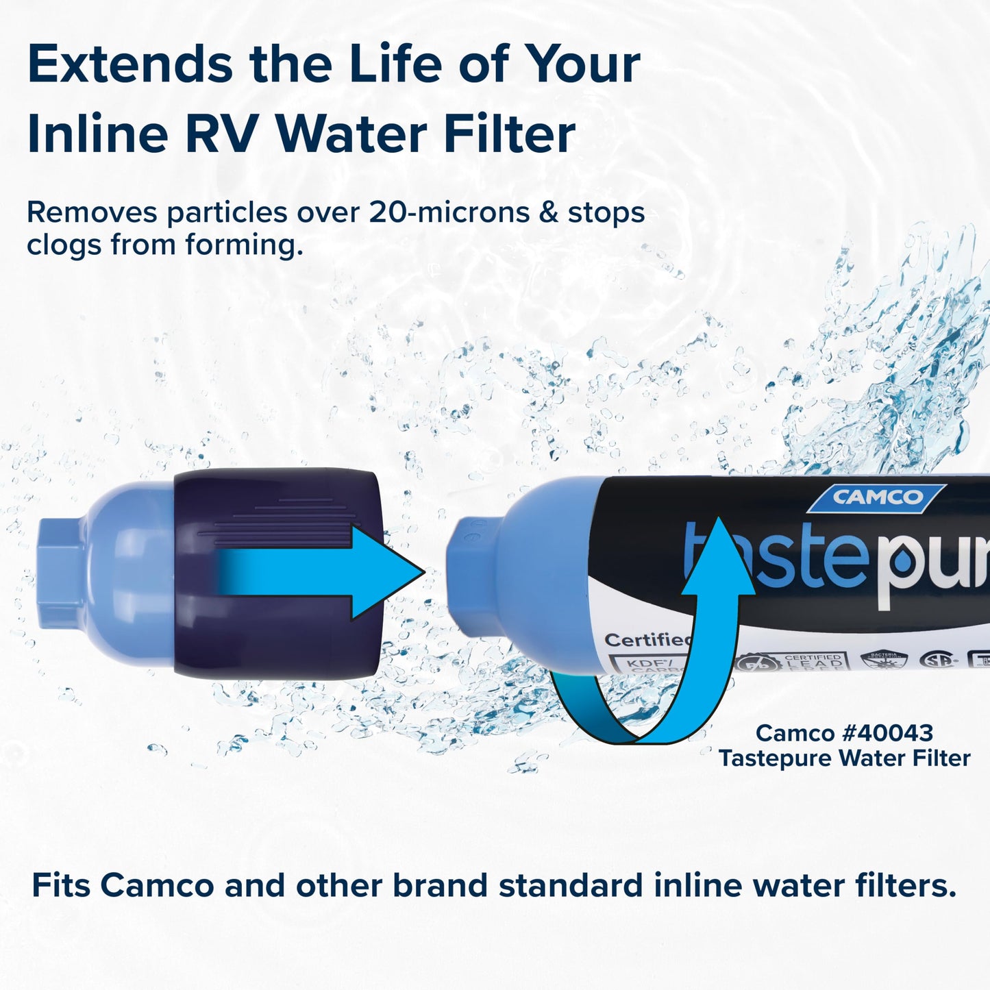 Camco Tastepure RV Water Filter - Advanced RV Inline Water Filter with Flexible Hose Protector - GAC & KDF Filtration - Made in USA - Camping Essentials for Fresh Drinking Water (40043)