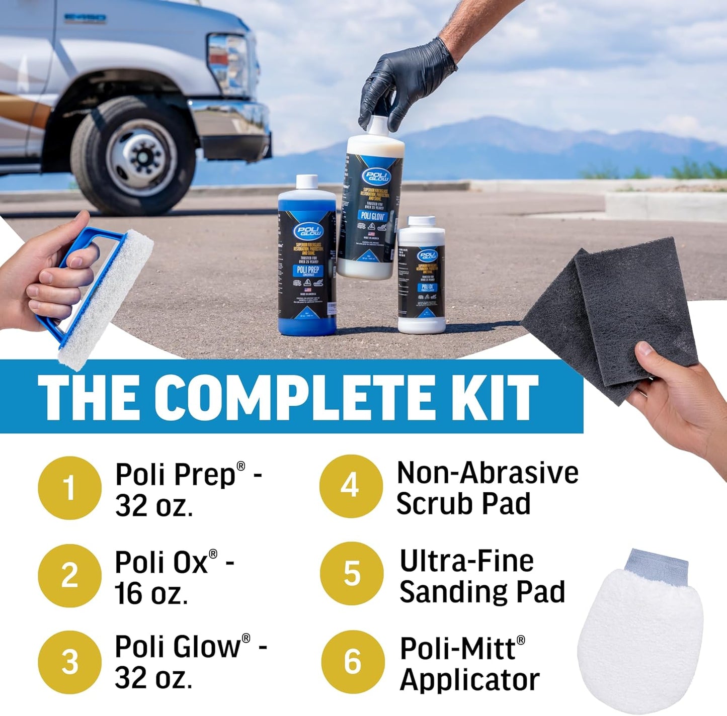 Poli Glow Deluxe Kit Fiberglass RV & Boat Cleaner - Complete Fiberglass Restorer for Boats and RVs - Eliminates Oxidation, Restores Shine & Protects - Easy to Apply, Long-Lasting - 6-in-1 Kit