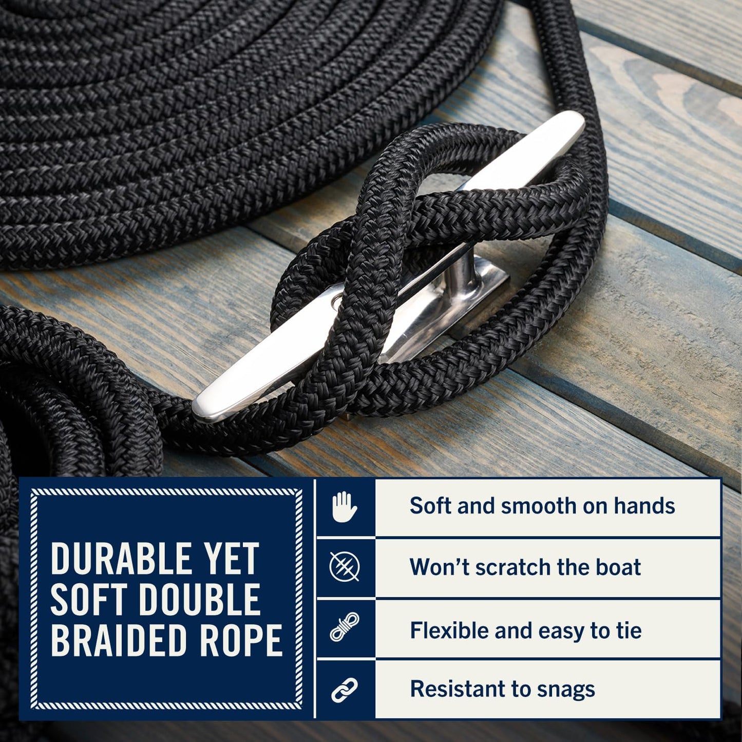 RainierSupplyCo Dock Lines - Boat Rope for Docking with Loop - 50 ft x 5/8 Inch Premium Double Braided Nylon Marine Rope - Mooring Line with 18" Eyelet - Boat Accessories - Black