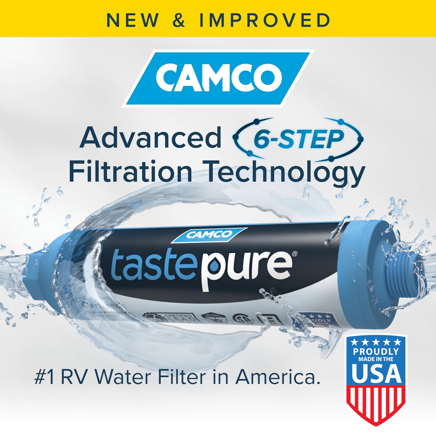 Camco Tastepure RV Water Filter - Advanced RV Inline Water Filter with Flexible Hose Protector - GAC & KDF Filtration - Made in USA - Camping Essentials for Fresh Drinking Water (40043)
