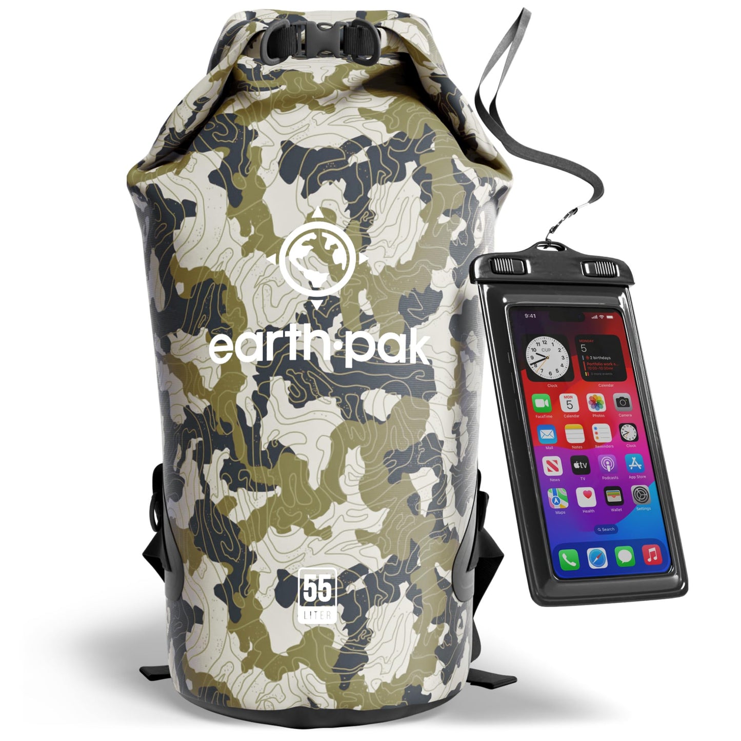 Earth Pak Waterproof Dry Bag - Roll Top Waterproof Backpack Sack Keeps Gear Dry for Kayak with Waterproof Phone Case