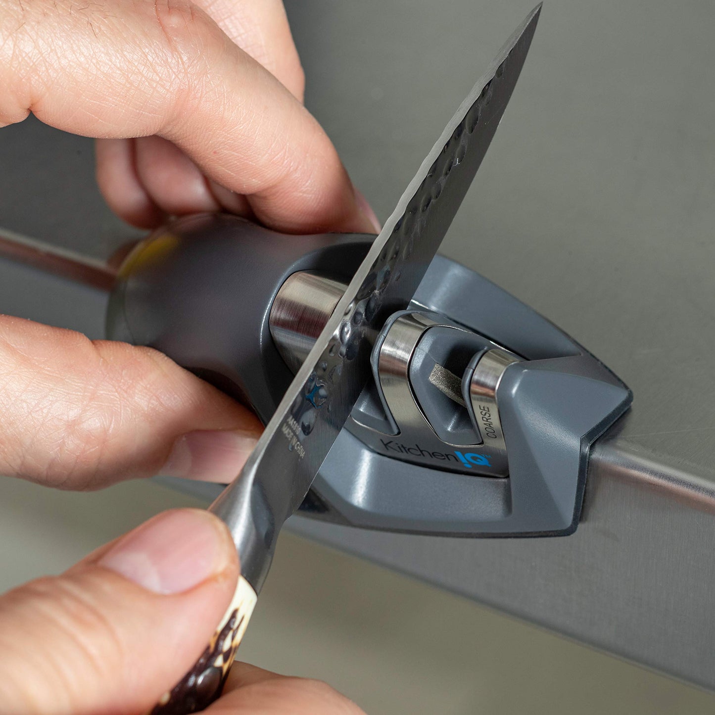 KitchenIQ 50825 | Diamond Deluxe Edge Grip 2-Stage Knife Sharpener | Black | Coarse & Fine Sharpeners | Compact for Easy Storage | Non-Slip Base | Soft Grip Rubber Handle | Straight & Serrated Knives