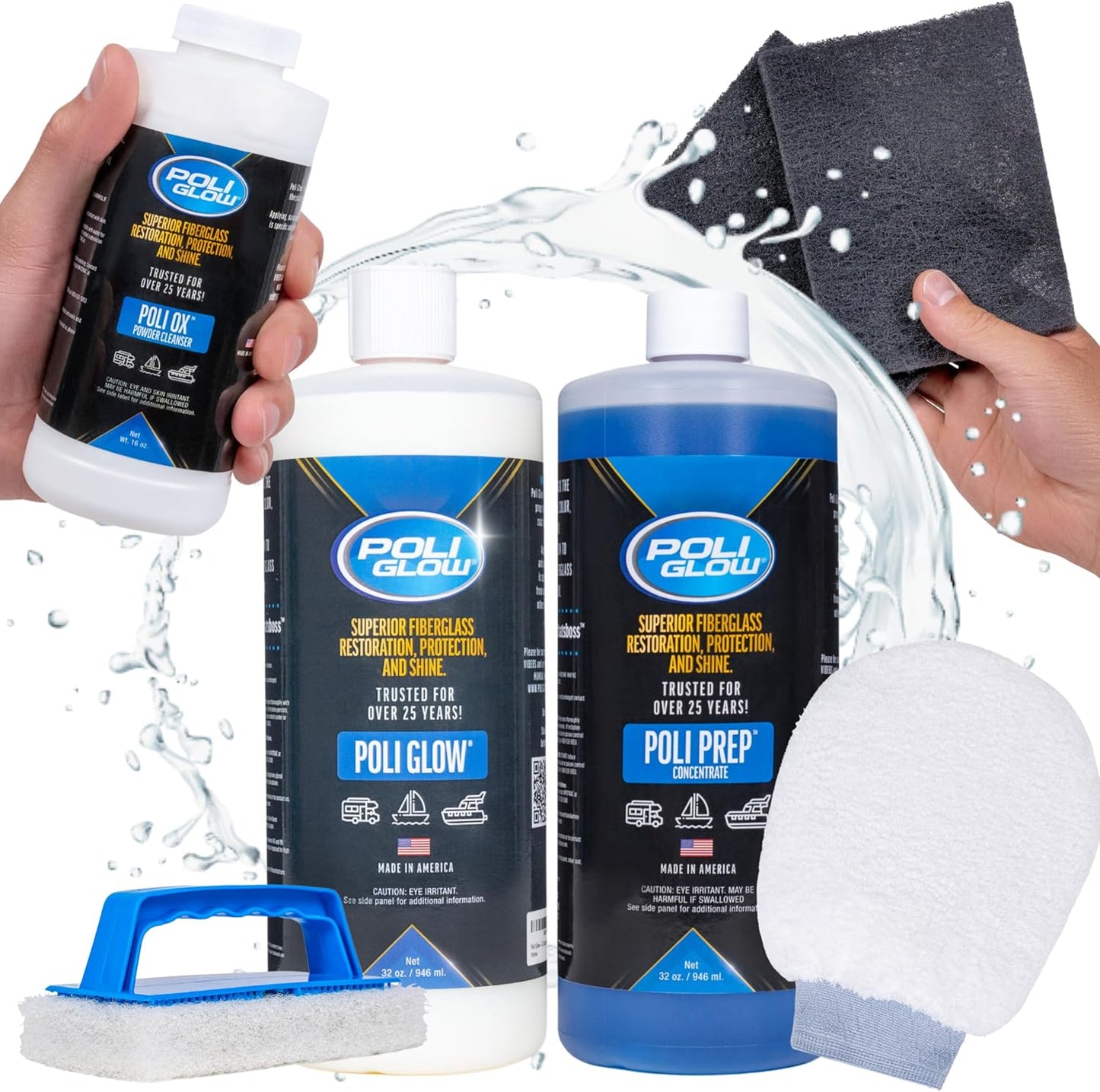 Poli Glow Deluxe Kit Fiberglass RV & Boat Cleaner - Complete Fiberglass Restorer for Boats and RVs - Eliminates Oxidation, Restores Shine & Protects - Easy to Apply, Long-Lasting - 6-in-1 Kit