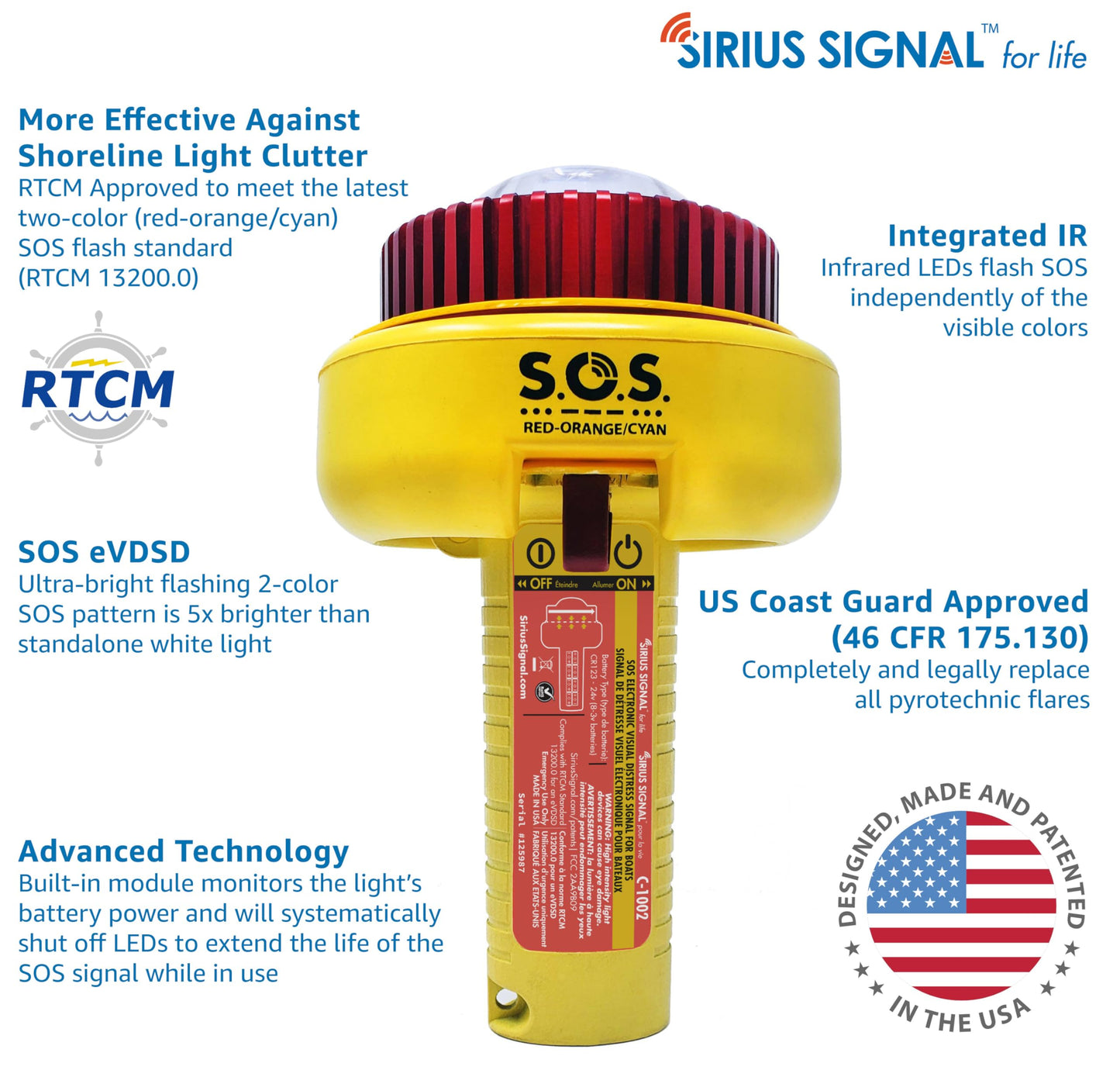 Sirius Signal C-1003 SOS LED Distress Signal - Electronic Flare Replacement, USCG Approved, Includes Daytime Flag & Whistle