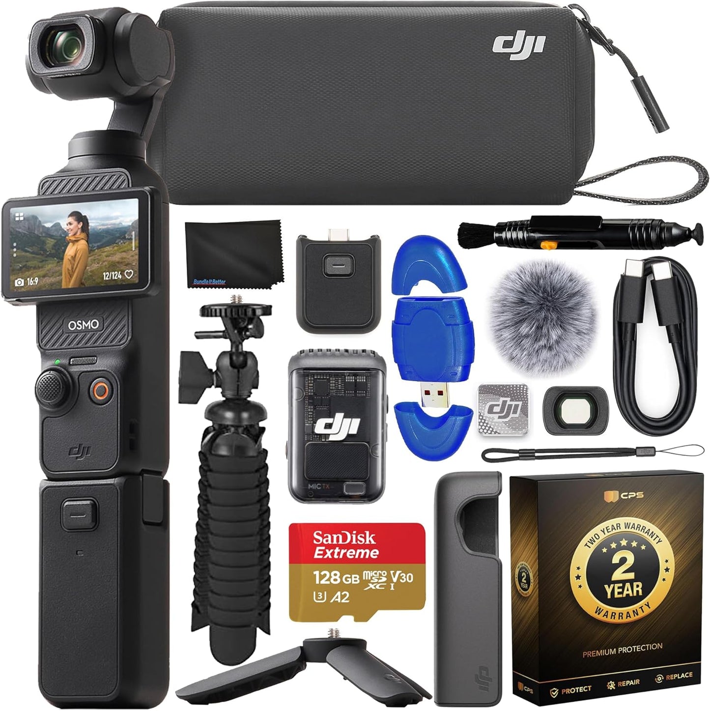 DJI Osmo Pocket 3 Creator Combo Gimbal Stabilizer with 1′′ CMOS & 4K/120fps Video, 3-Axis Stabilization Bundle with 128GB Memory Card, Gripster Flexible Spider Tripod, 2 YR CPS Warranty + More