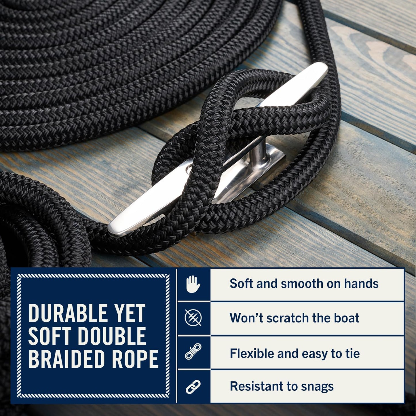 RainierSupplyCo Dock Lines - Boat Rope for Docking with Loop - 50 ft x 5/8 Inch Premium Double Braided Nylon Marine Rope - Mooring Line with 18" Eyelet - Boat Accessories - Black