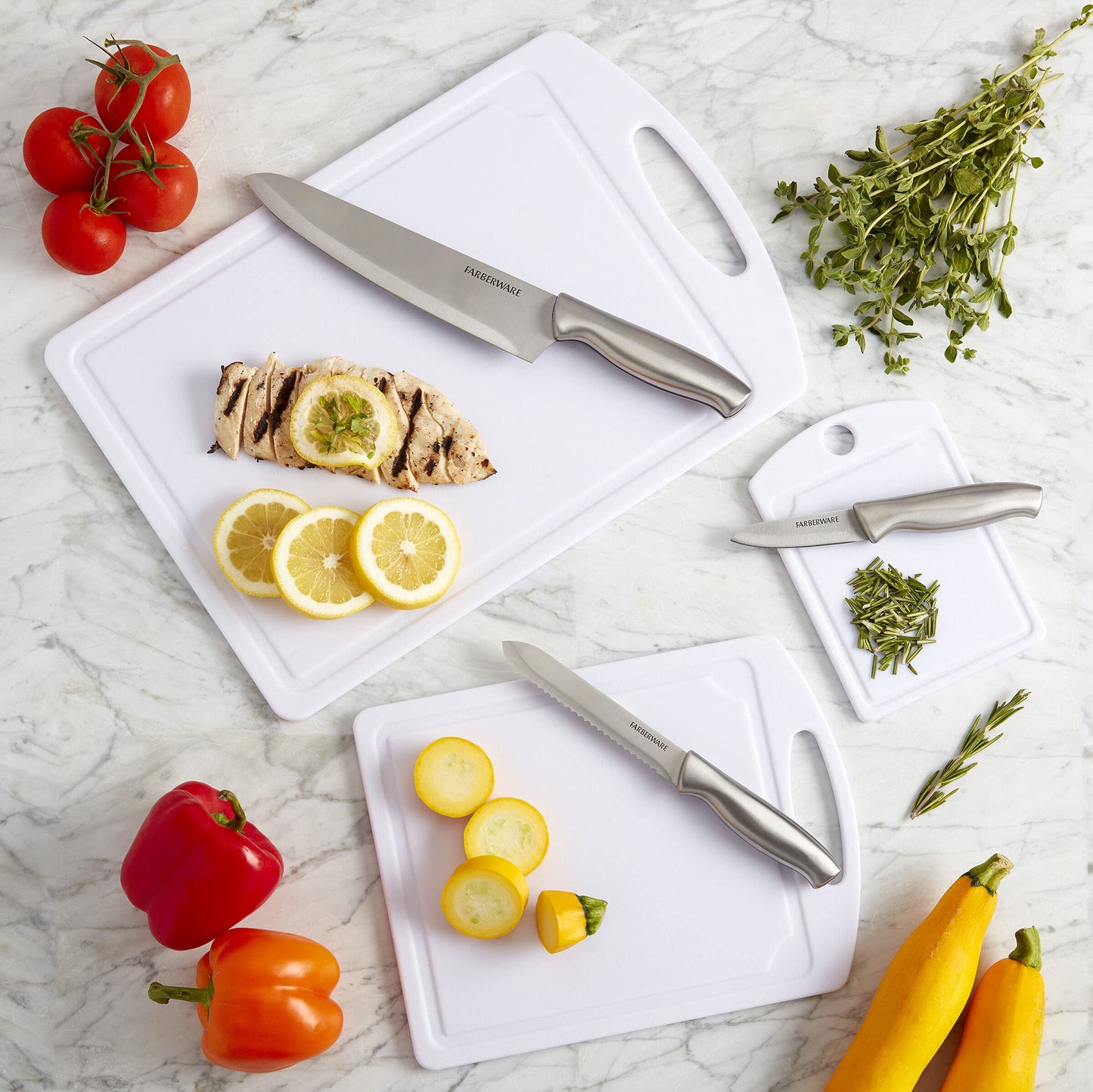 Farberware Plastic Cutting Board Set, Dishwasher- Safe Poly Chopping Board for Kitchen with Easy Grip Handles, Set of 3, White