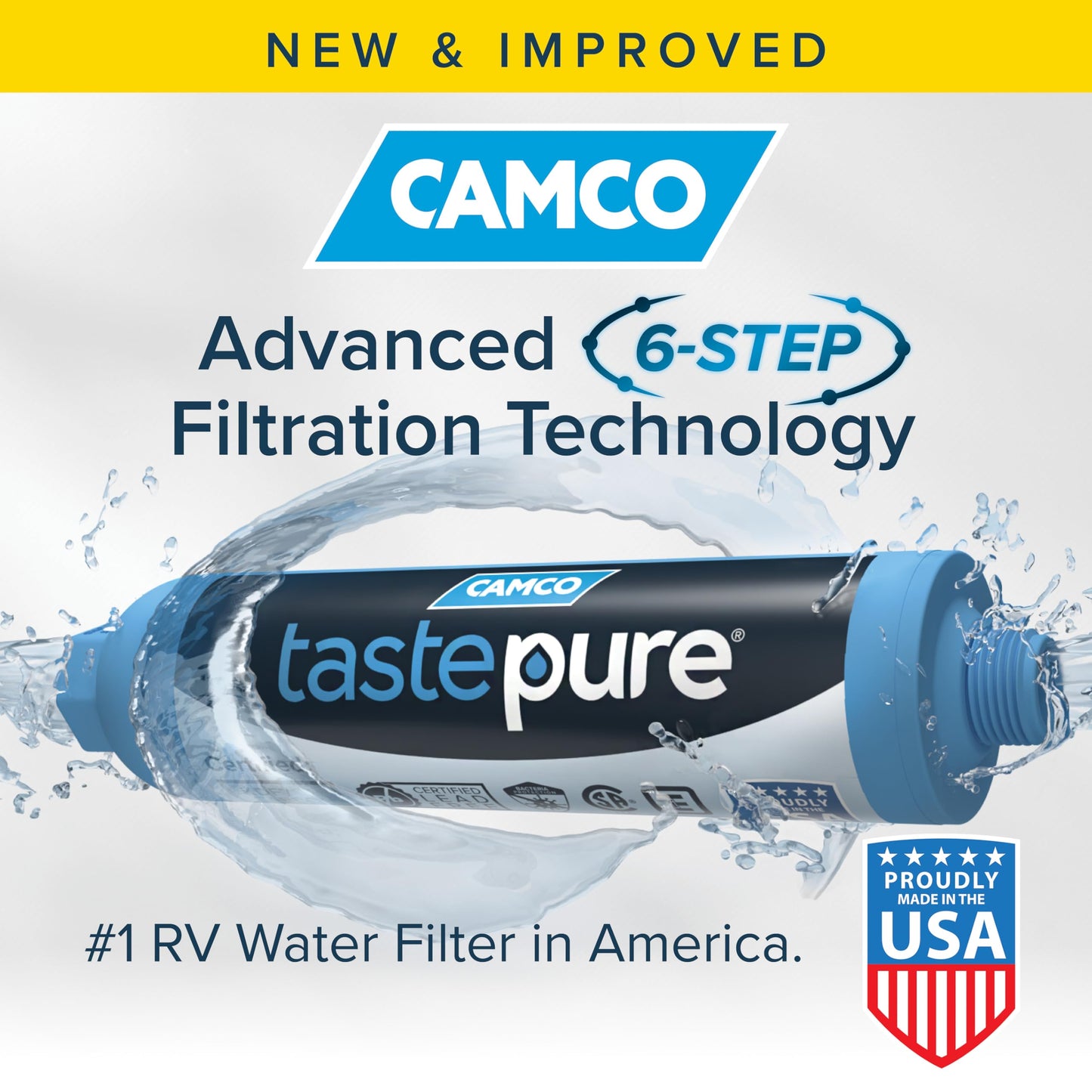 Camco Tastepure RV Water Filter - Advanced RV Inline Water Filter with Flexible Hose Protector - GAC & KDF Filtration - Made in USA - Camping Essentials for Fresh Drinking Water (40043)