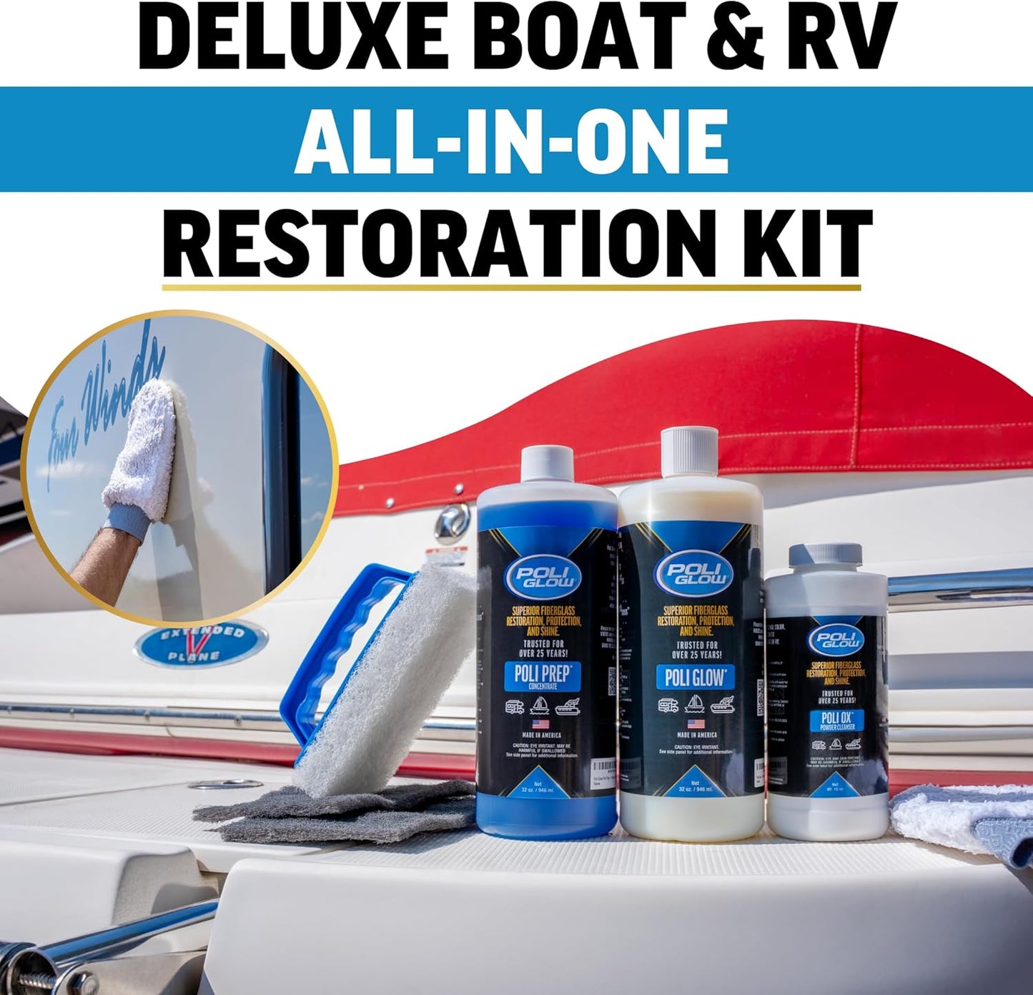 Poli Glow Deluxe Kit Fiberglass RV & Boat Cleaner - Complete Fiberglass Restorer for Boats and RVs - Eliminates Oxidation, Restores Shine & Protects - Easy to Apply, Long-Lasting - 6-in-1 Kit